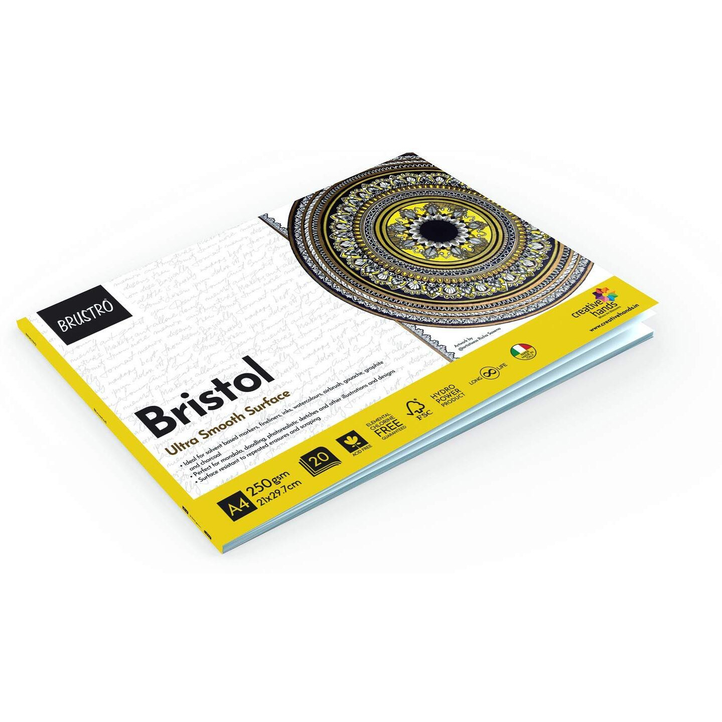Brustro Bristol Ultra Smooth Glued Pad | 250 Gsm, A4, 20 Sheets | Natural Grain, Medium Surface, Ideal For Charcoal, Coloured Pencils, Gouche, Pen, Pastels, Ink.