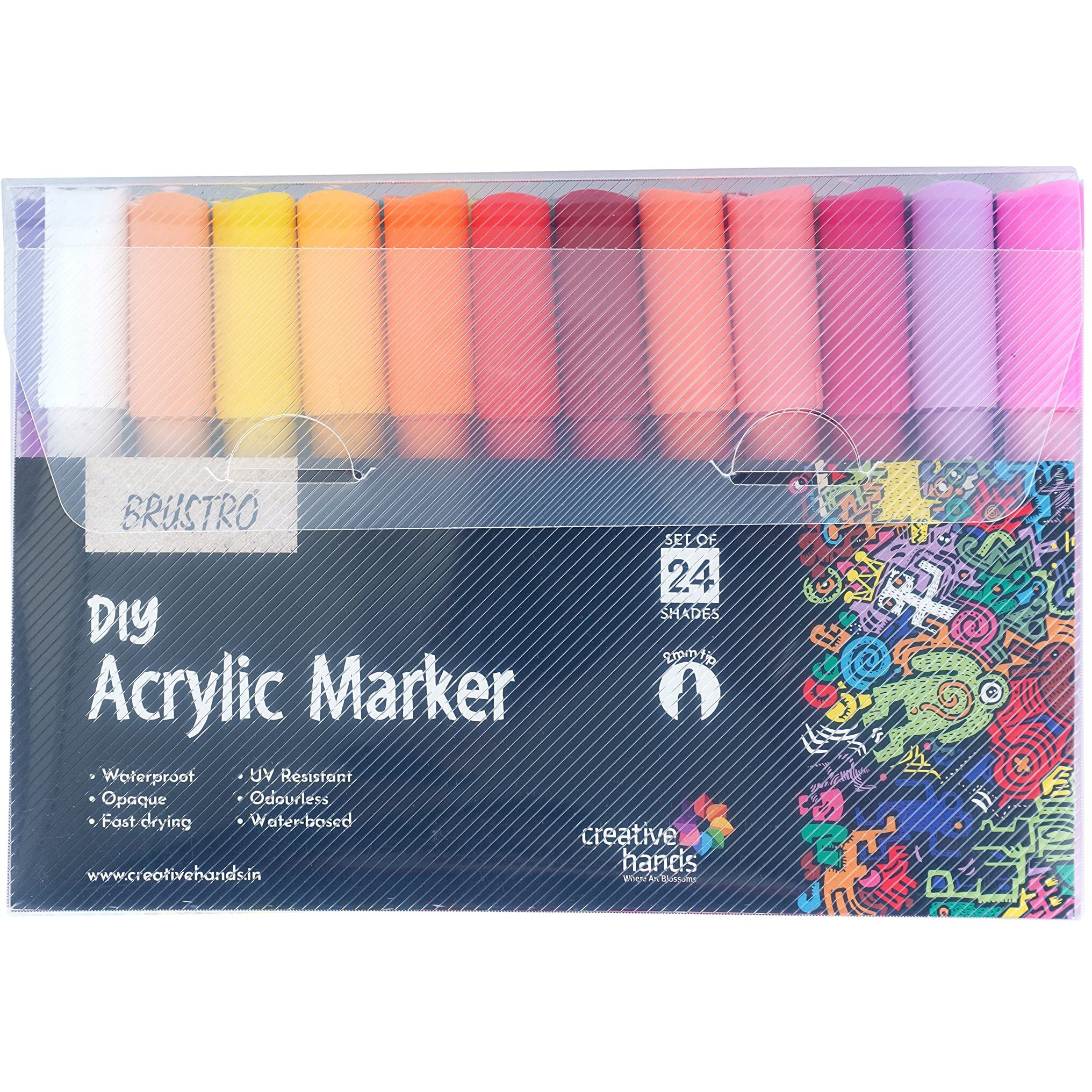 Brustro Acrylic (Diy) Marker Set Of 24, Tip Size - 2Mm |Water & Uv Resistant,Matte Finish,Non-Toxic Colours|Ideal For Craftworks,School, Works On Glass & Plastic