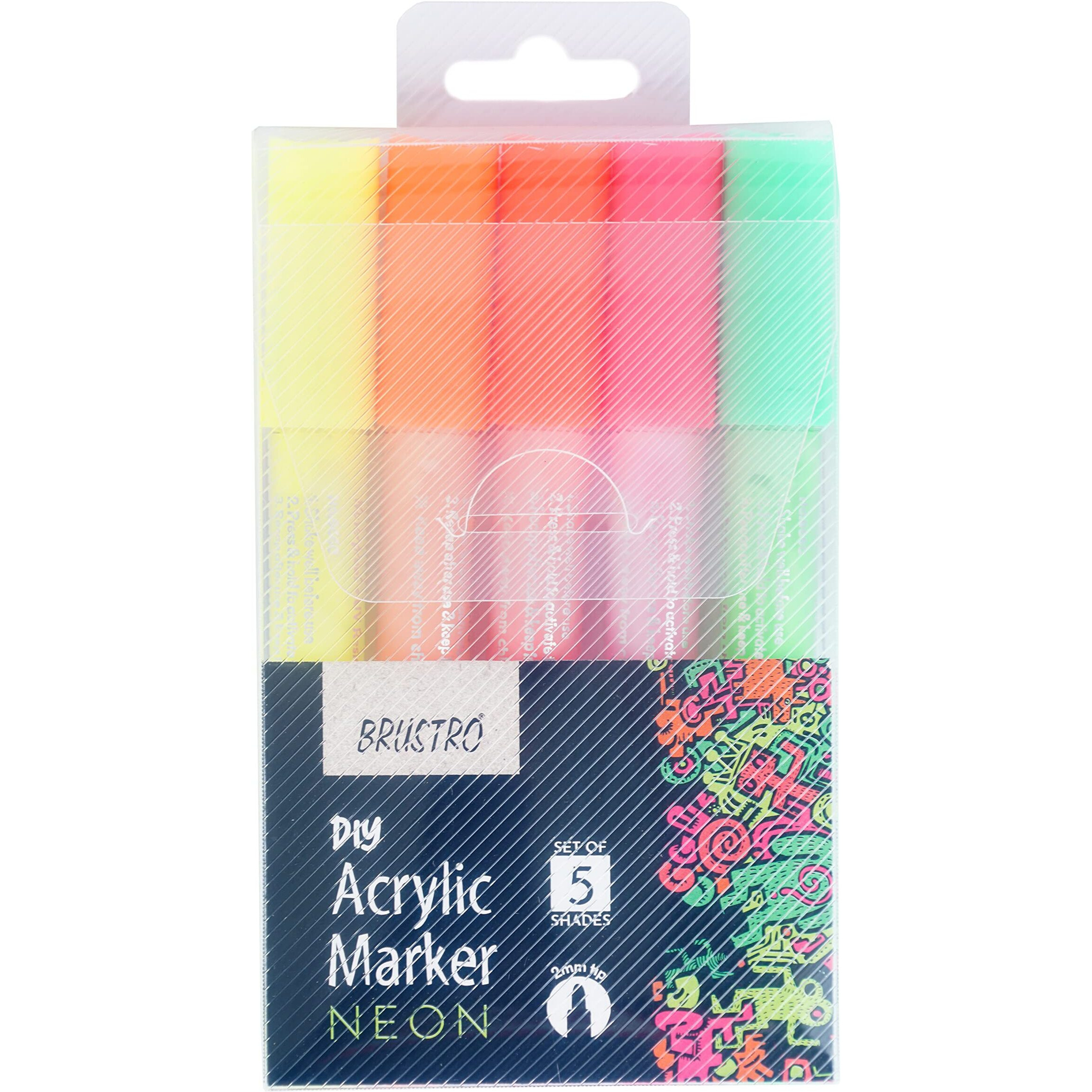 Brustro Acrylic (Diy) Marker Neon - Set Of 5 (Fluorescent Shades), Tip Size - 2Mm |Water-Resistant,Matte Finish,Uv Resistant,Non-Toxic Colours| Ideal For Craftworks,School, Works On Glass & Plastic