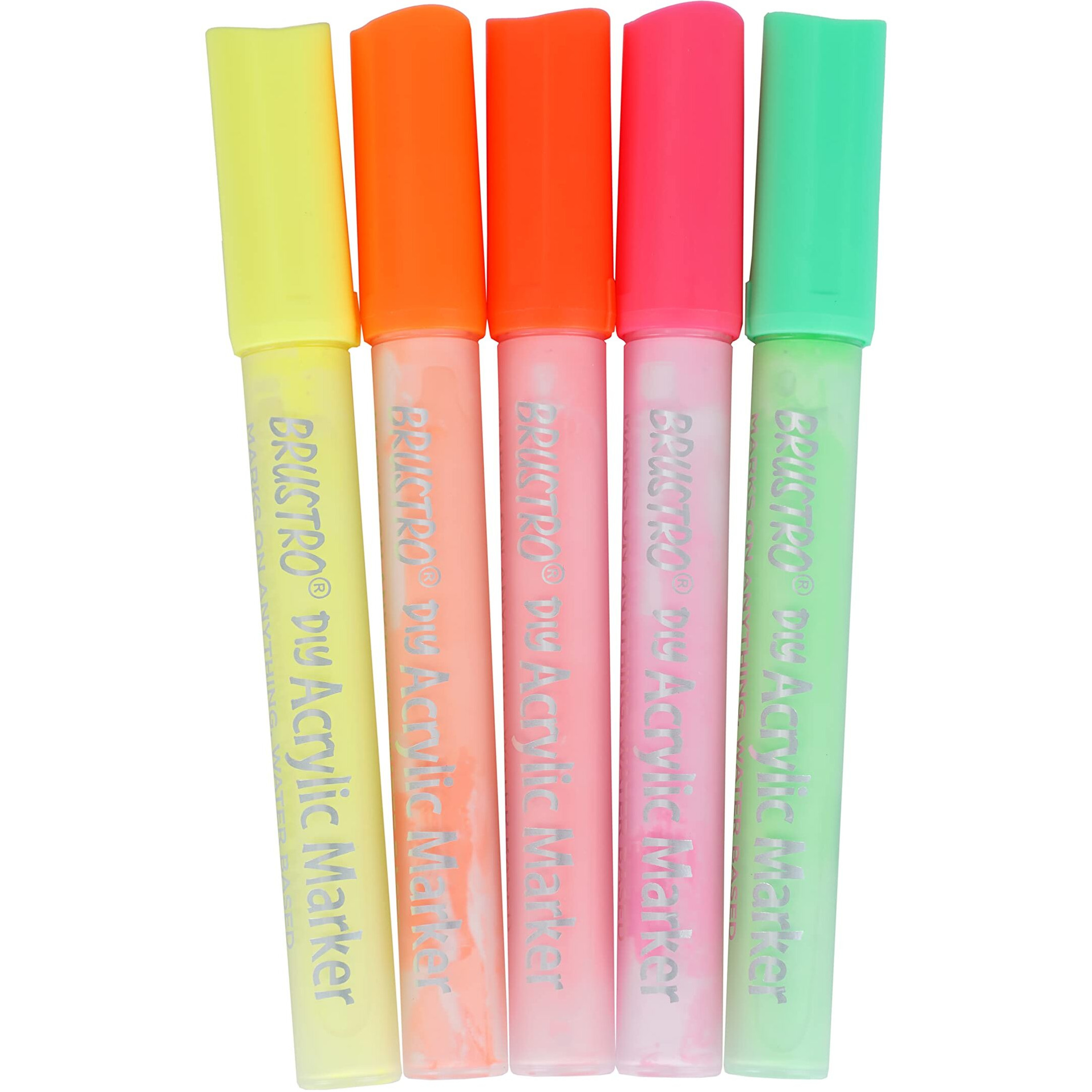 Brustro Acrylic (Diy) Marker Neon - Set Of 5 (Fluorescent Shades), Tip Size - 2Mm |Water-Resistant,Matte Finish,Uv Resistant,Non-Toxic Colours| Ideal For Craftworks,School, Works On Glass & Plastic
