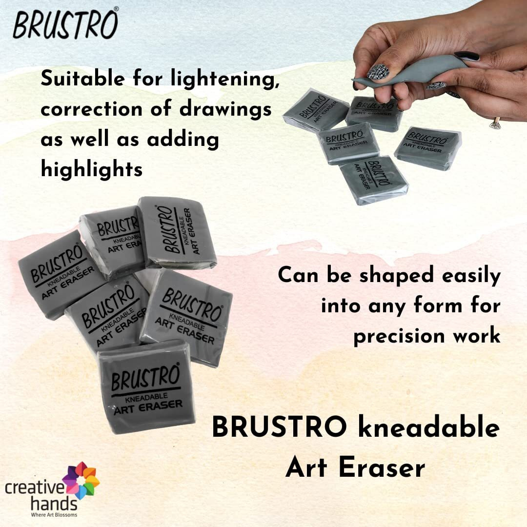 Brustro Kneadable Art Eraser - Pack Of 6 With Blending Stump Set | Ideal For Professional Art, Shading, Sketching, Cleaning, Lightening, Correction Of Drawings, Fineart.