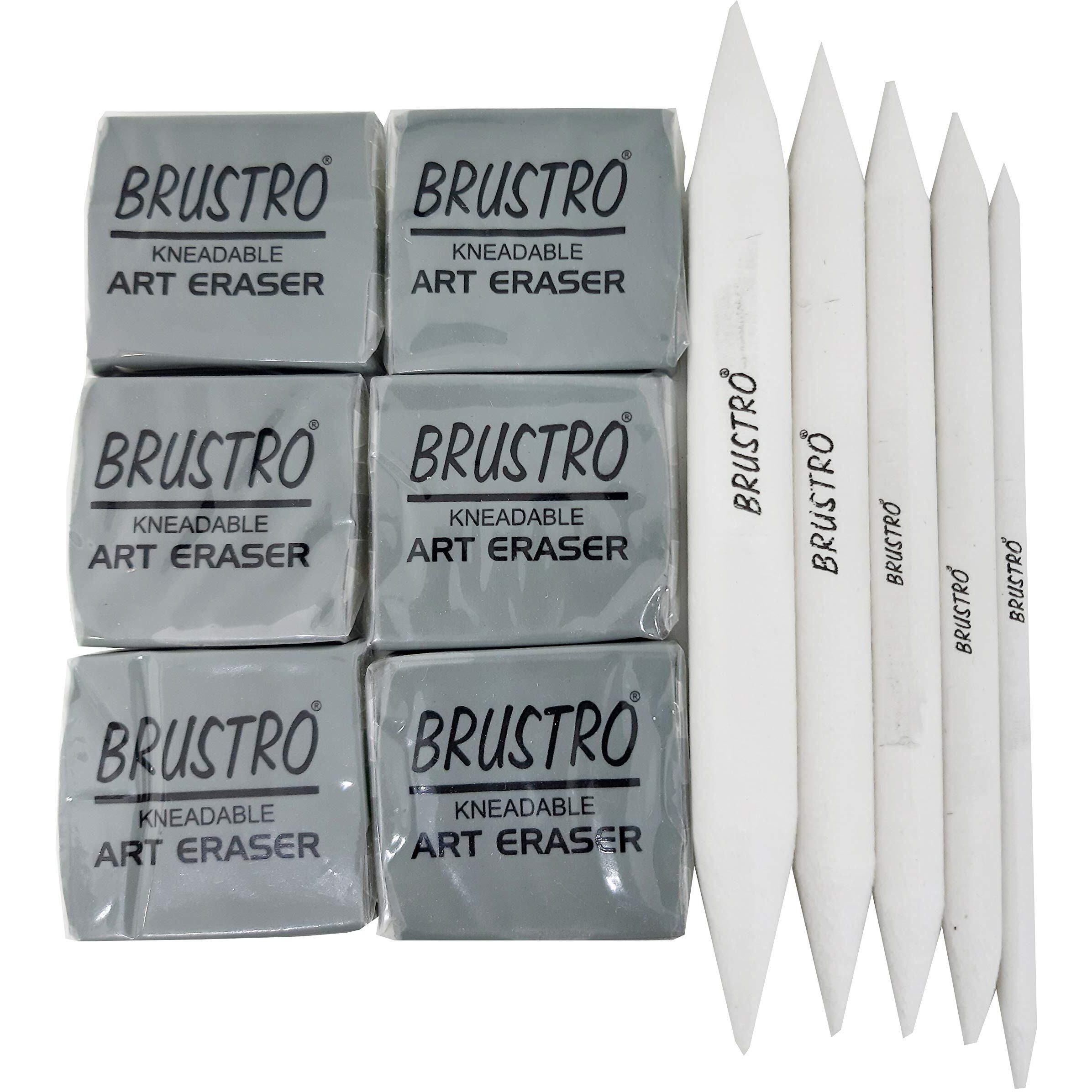 Brustro Kneadable Art Eraser - Pack Of 6 With Blending Stump Set | Ideal For Professional Art, Shading, Sketching, Cleaning, Lightening, Correction Of Drawings, Fineart.