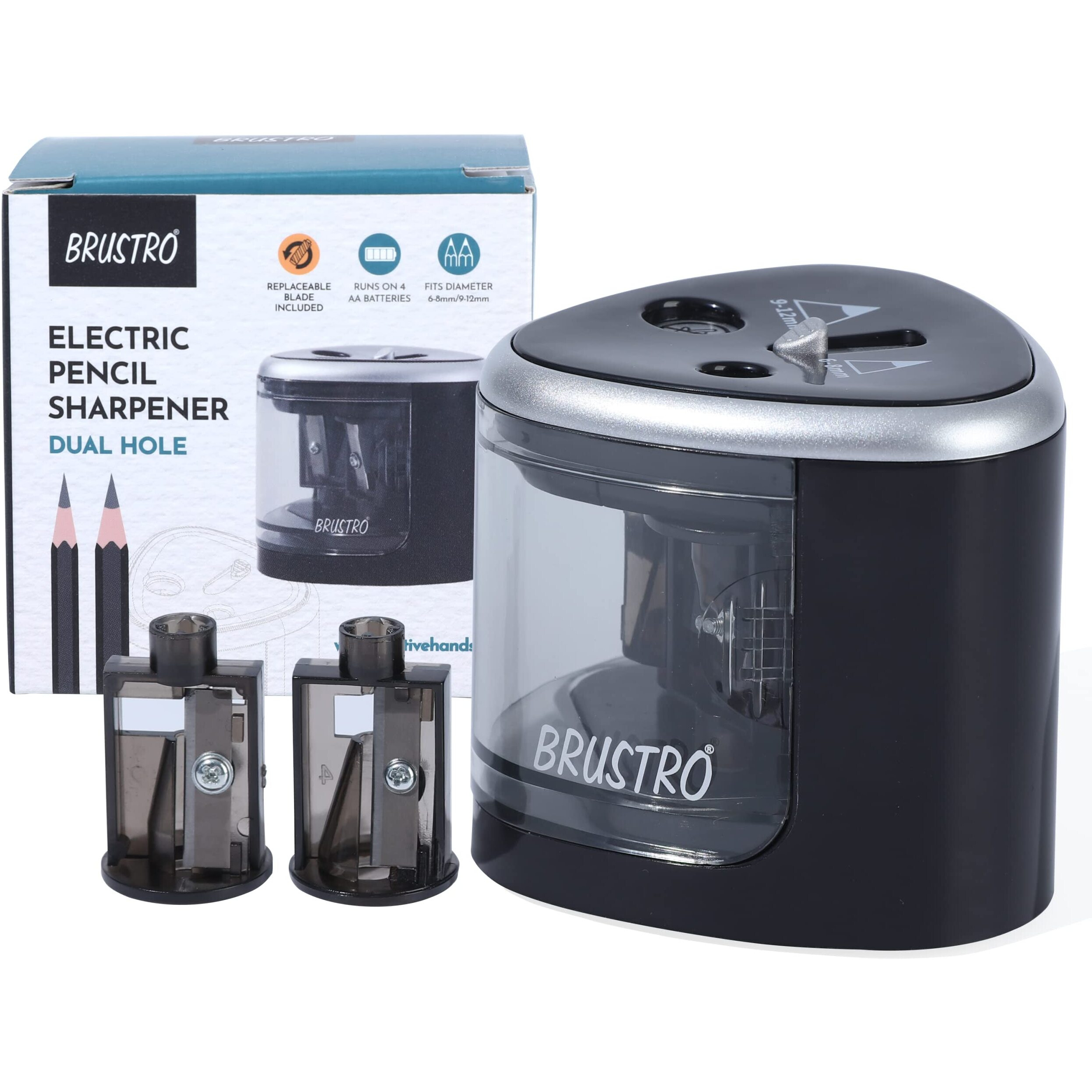 Brustro Double Hole Battery Operated Pencil Sharpener | Auto Feed For Charcoal, Graphite And Pastel Pencils | Ideal For Artists And Students
