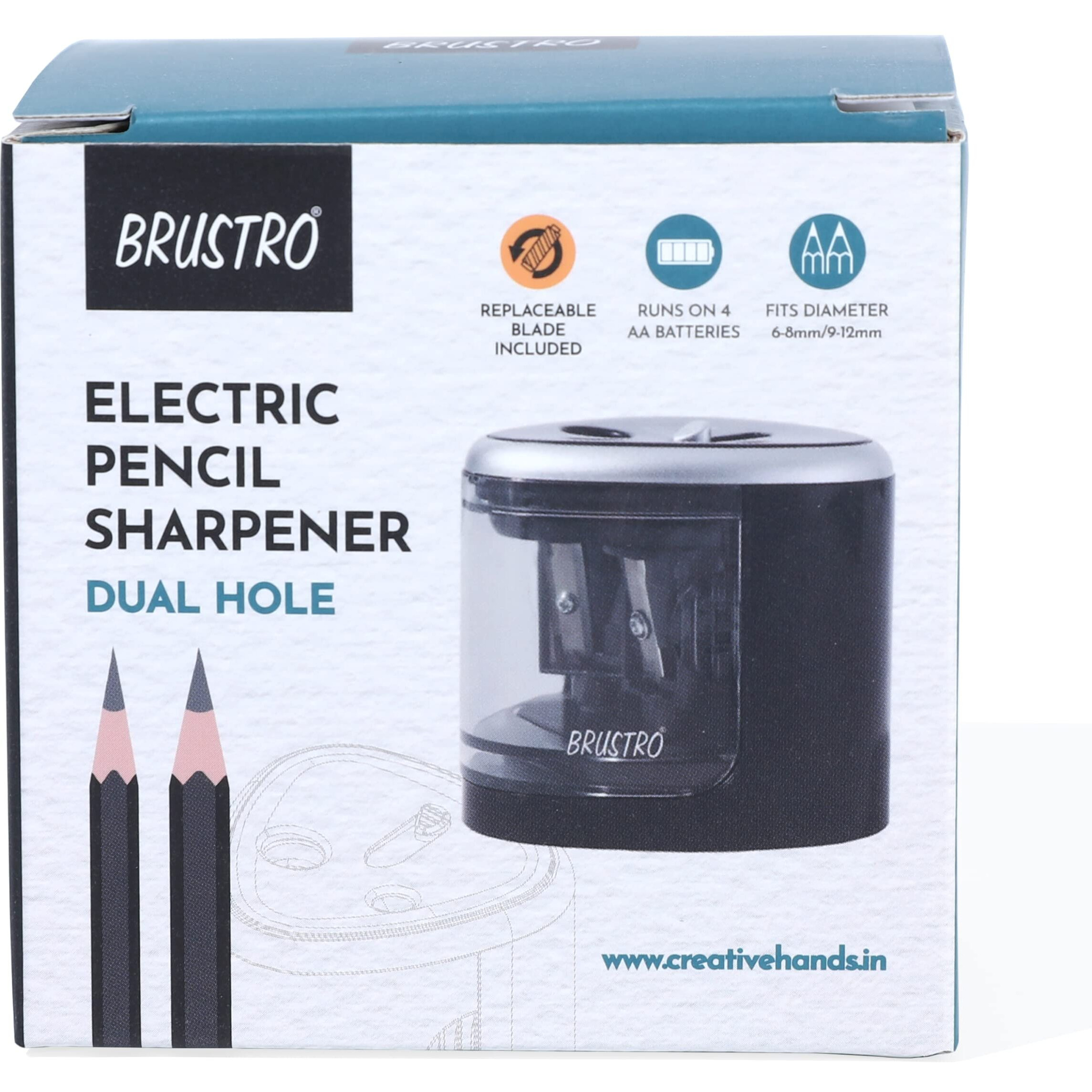Brustro Double Hole Battery Operated Pencil Sharpener | Auto Feed For Charcoal, Graphite And Pastel Pencils | Ideal For Artists And Students