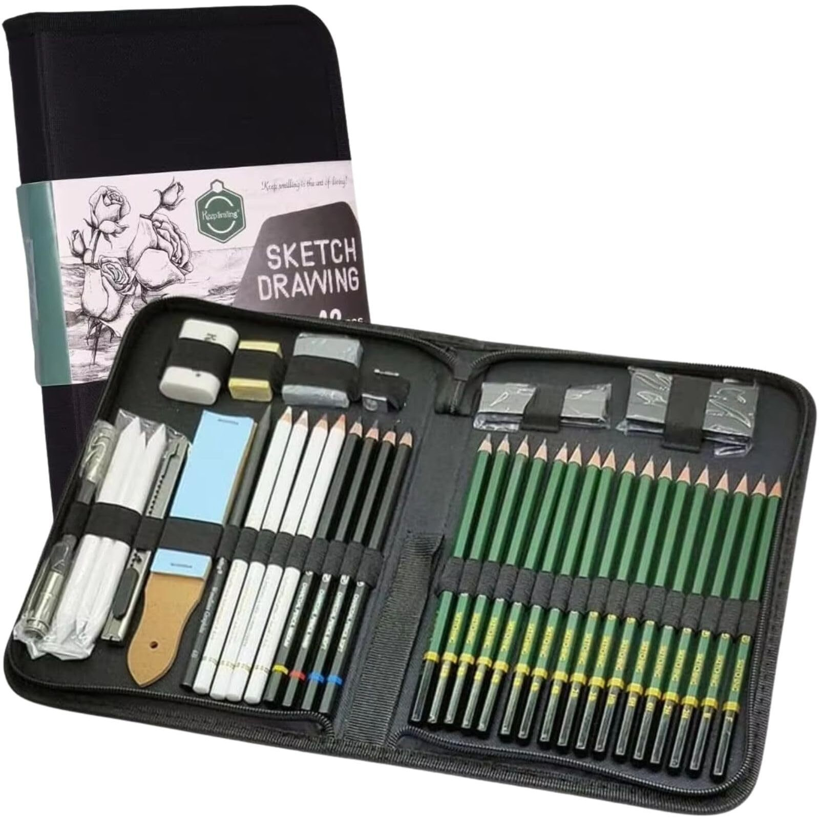 Gold Leaf Drawing & Sketching Kit  42-Piece Art Supplies Set With Graphite & Charcoal Pencils, Erasers, Sharpeners & More  Ideal For Artists, Students, Teens & Adults