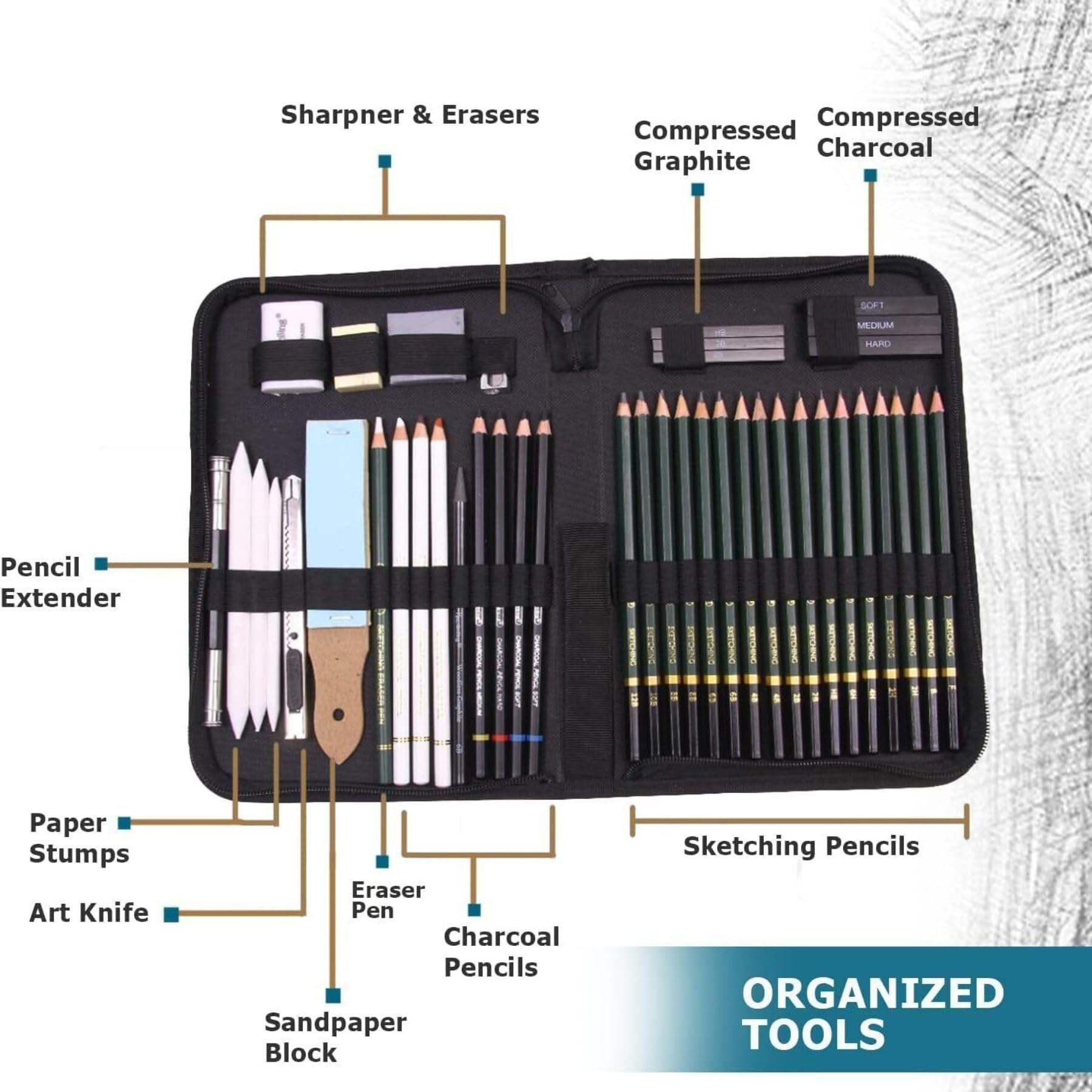 Gold Leaf Drawing & Sketching Kit  42-Piece Art Supplies Set With Graphite & Charcoal Pencils, Erasers, Sharpeners & More  Ideal For Artists, Students, Teens & Adults