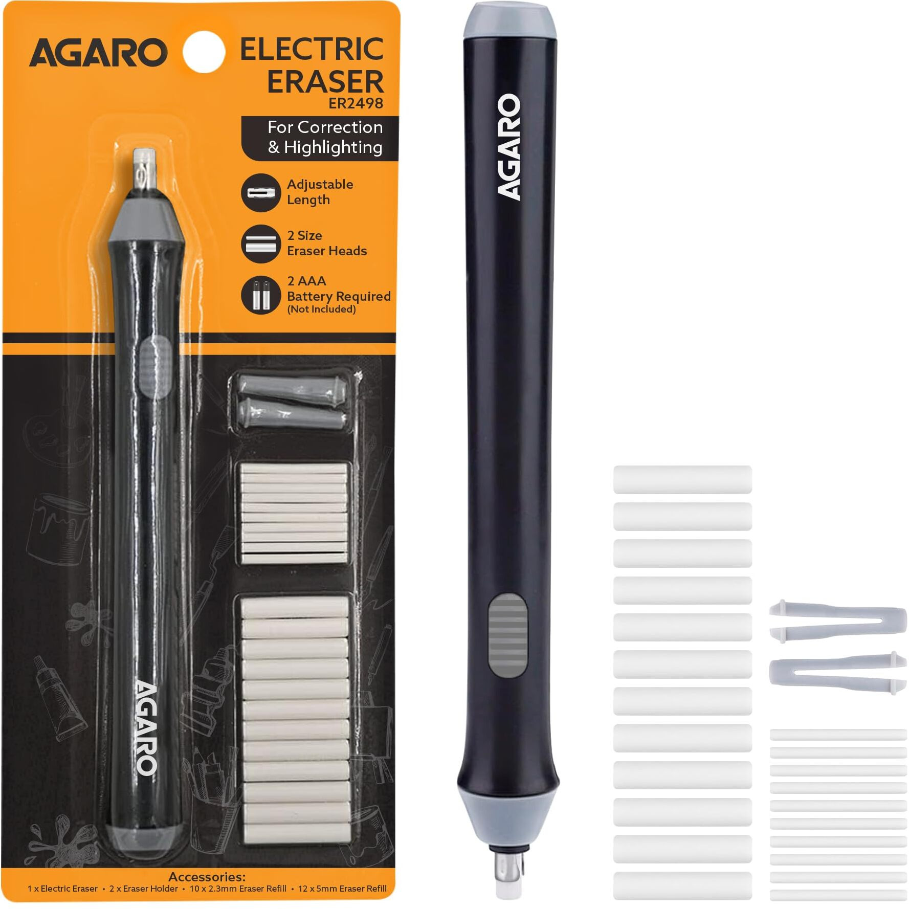 Agaro Electric Eraser Er2498, 2.3Mm & 5Mm Eraser, Automatic Correction & Highlighting, For Sketching, Drawing, Portrait Shading, 22 Refills, 2 Eraser Holders, (Batteries Not Included), White
