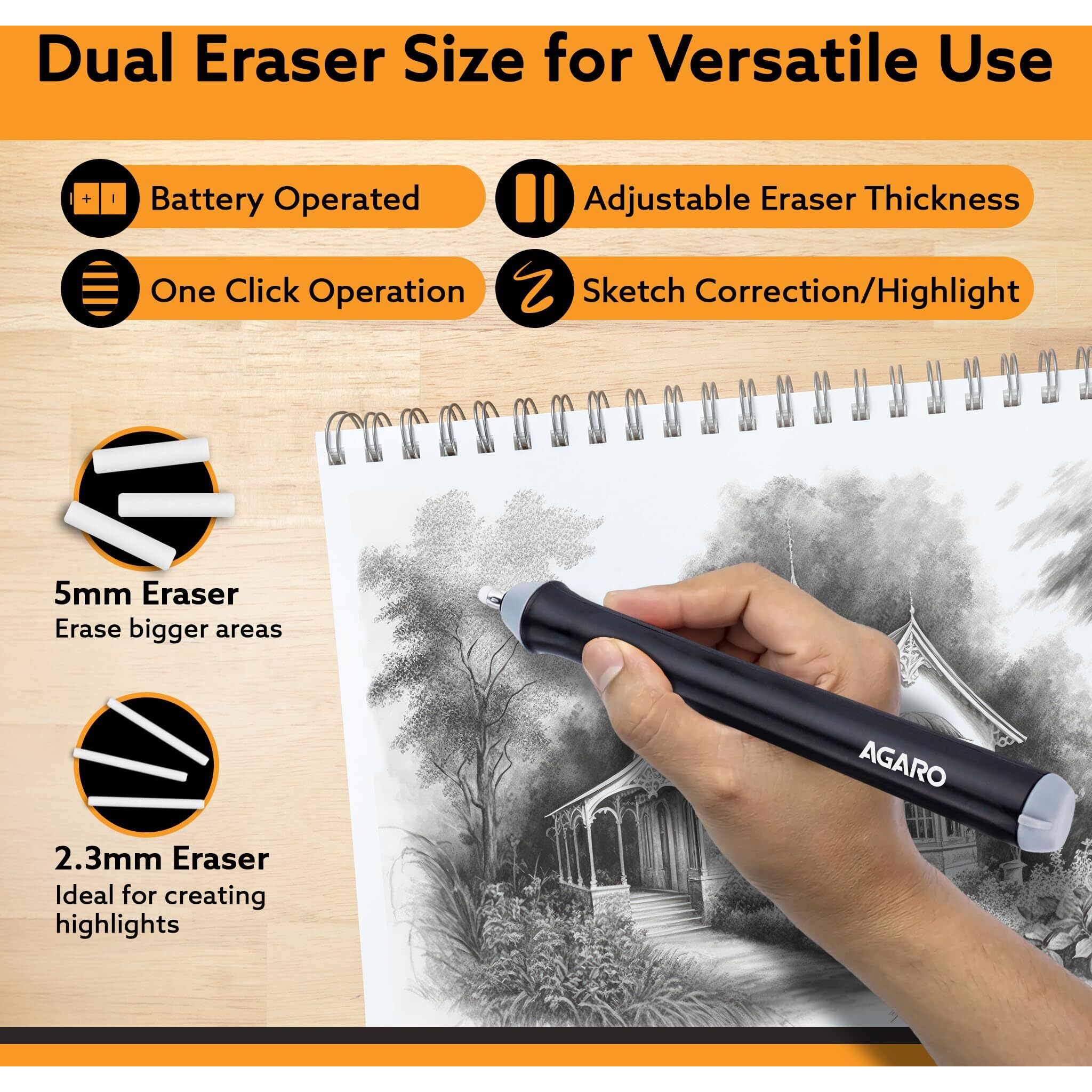 Agaro Electric Eraser Er2498, 2.3Mm & 5Mm Eraser, Automatic Correction & Highlighting, For Sketching, Drawing, Portrait Shading, 22 Refills, 2 Eraser Holders, (Batteries Not Included), White