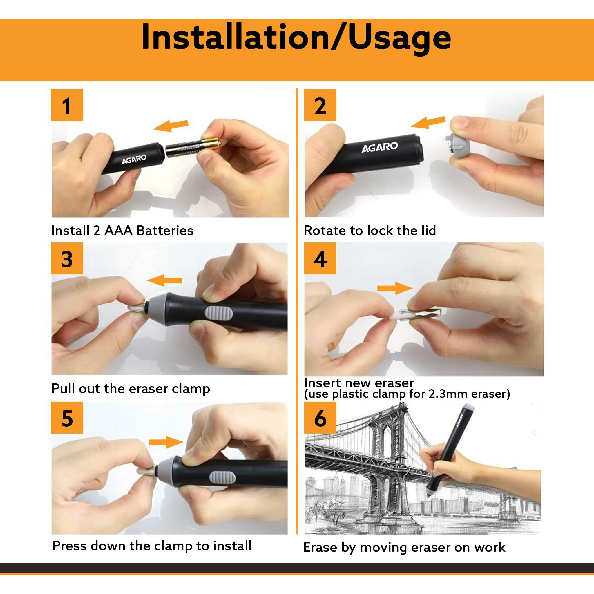 Agaro Electric Eraser Er2498, 2.3Mm & 5Mm Eraser, Automatic Correction & Highlighting, For Sketching, Drawing, Portrait Shading, 22 Refills, 2 Eraser Holders, (Batteries Not Included), White