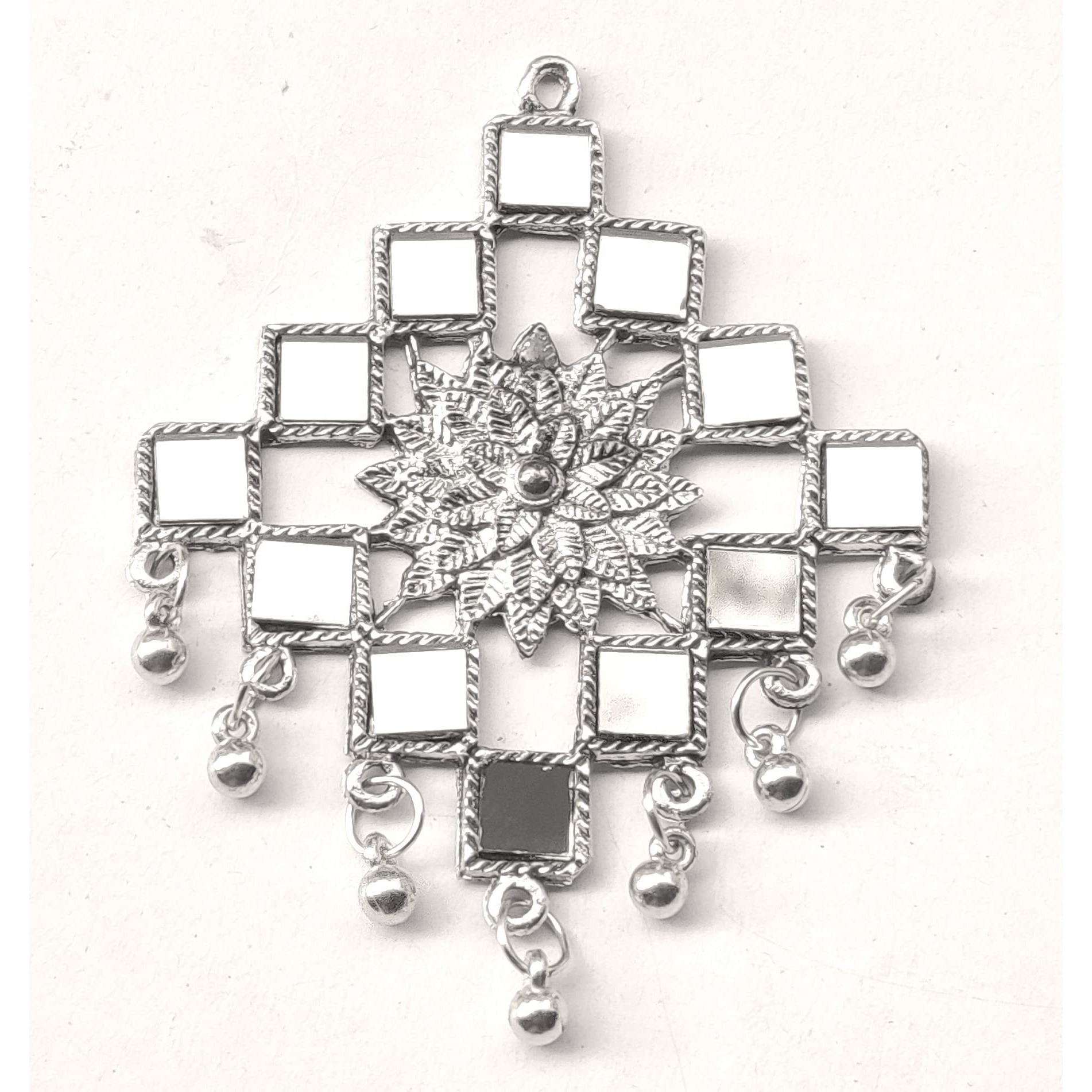 Paushak Boutique Designer Antique Silver Square Mirror Flower Button (Set Of 1), 75.5Cm