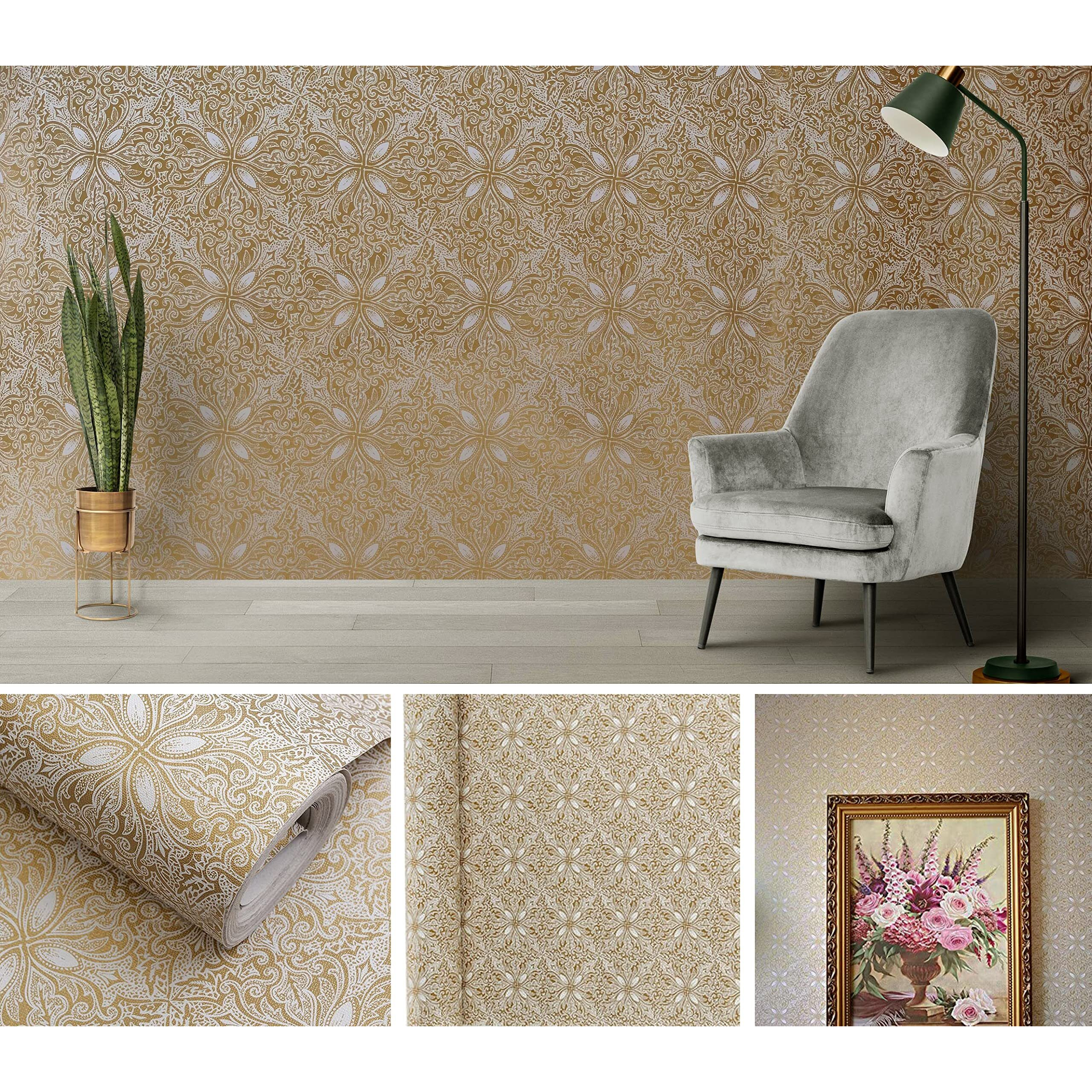 Annacreations Self Adhesive Decorative Peel Stick Sea Green Waterproof Floral Wallpaper Removable Wall Sticker For Living Room Hall Decoration Pvc Vinyl Diy Wall Stickers 45X304Cm (Brown Floral)