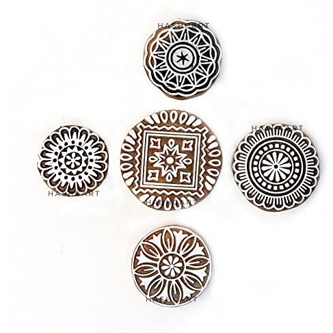Hashcart | Set Of 5 | Handcarved Wood Floral Design Round Printing Stamps For Scrapbooking Fabric Textile Paper Clay Pottery Saree Border