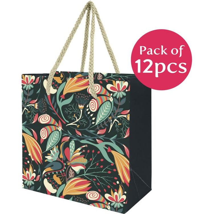Paperpep Black Floral Print 6&quotX3&quotX6" Gifting Paper Bag| Ideal For Return Gifts, Presents, Weddings, Birthday, Holiday Presents, Celebrations | Pack Of 12
