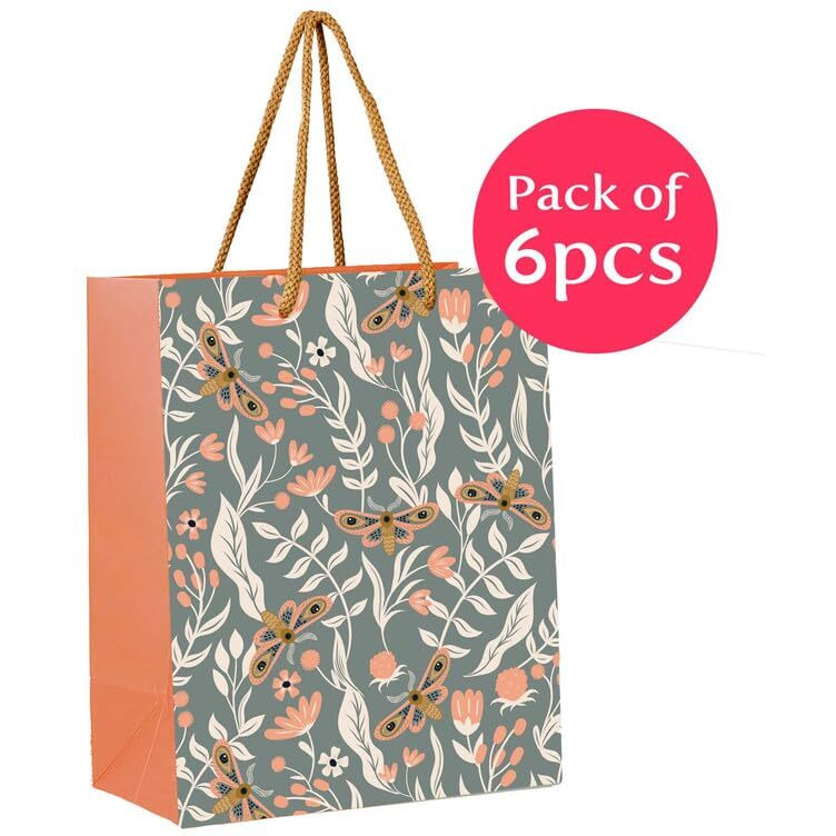 Paperpep Grey Floral & Moth Pattern Print 7&quotX4&quotX9" Gifting Paper Bag| Ideal For Return Gifts, Presents, Weddings, Birthday, Holiday Presents, Celebrations | Pack Of 6