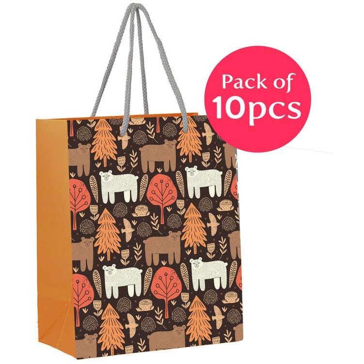 Paperpep Brown Autumn Jungle Print 9&quotX4&quotX7" Gifting Paper Bag| Ideal For Return Gifts, Presents, Weddings, Birthday, Holiday Presents, Celebrations | Pack Of 10