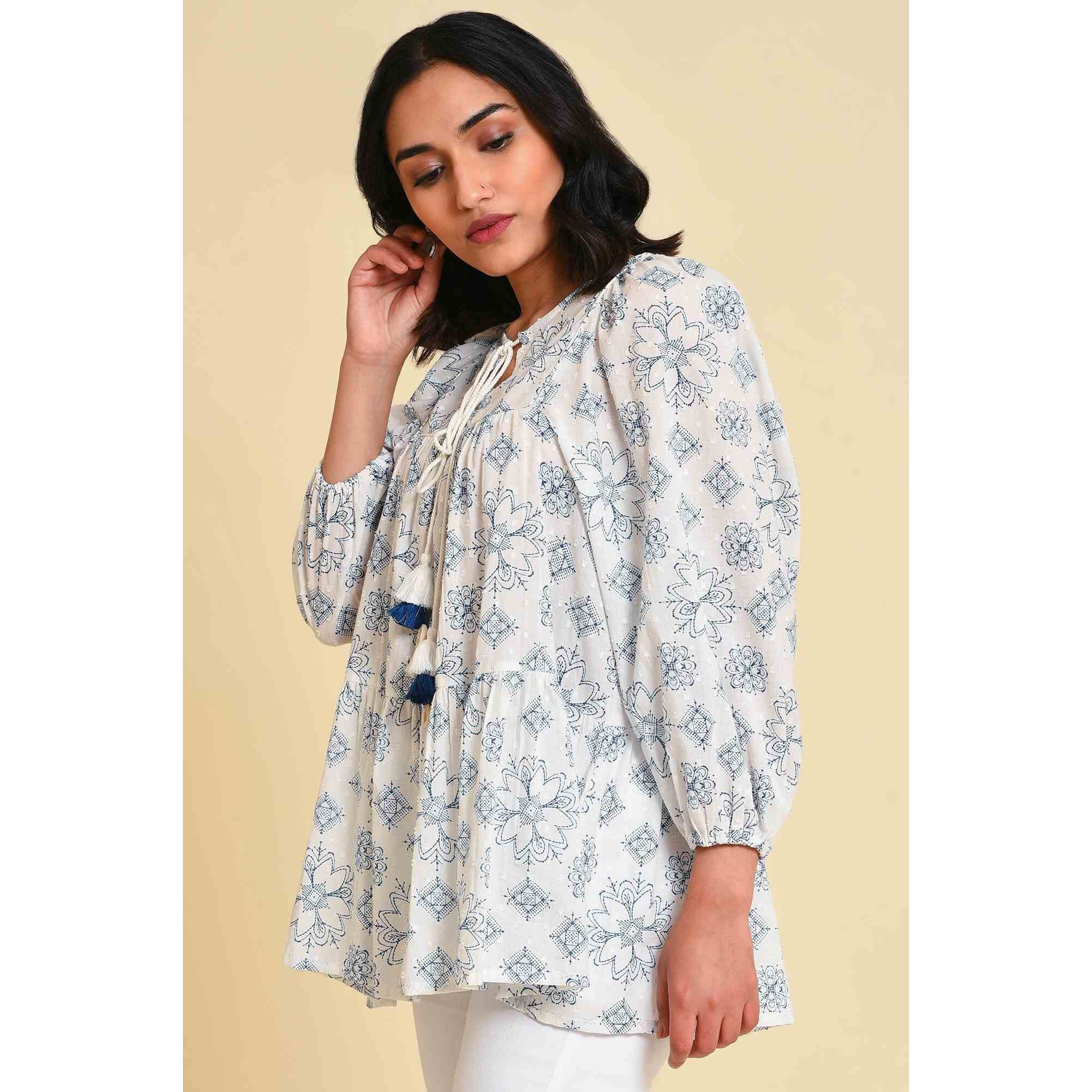 W For Woman White Geometric Print Gathered Top_23Few31218-810424_2Xl_16