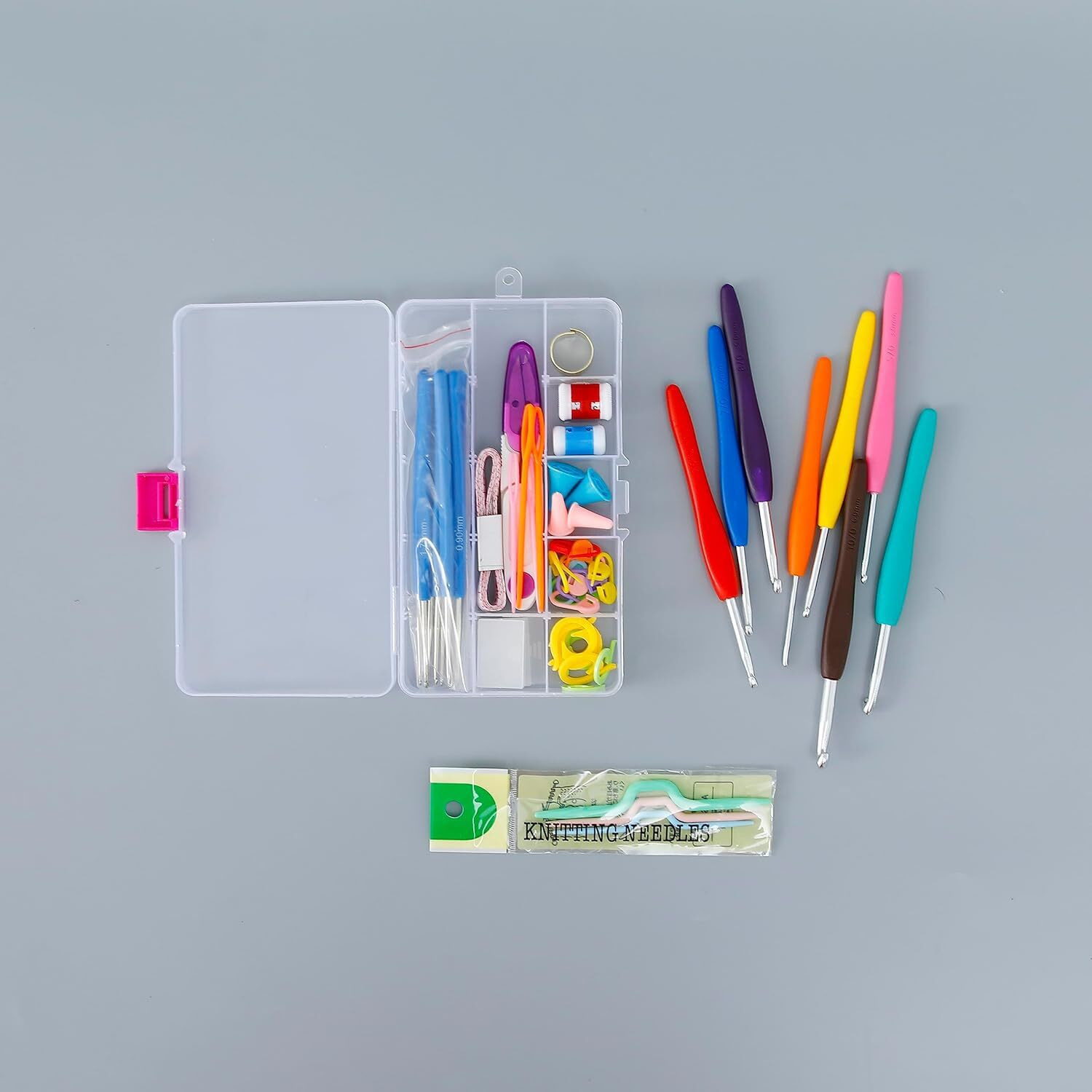 Kuber Industries Crochet Hook Needle Set Of 53 With Case|Ergonomic Sewing Knitting Needle Kit (Transparent)