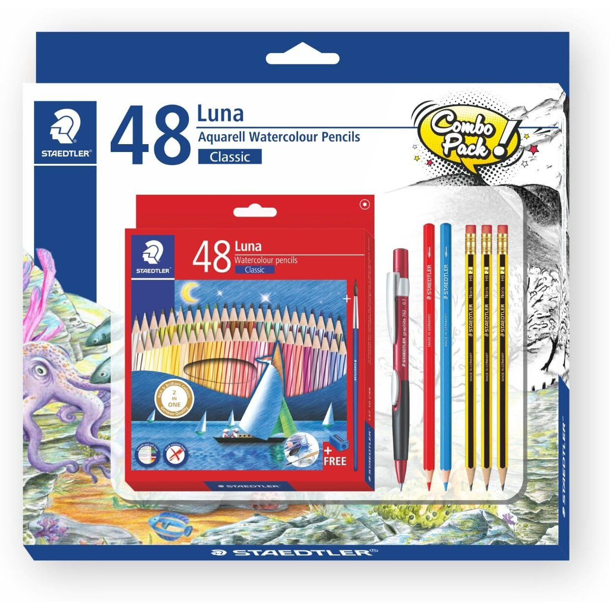 Staedtler Luna 48 Watercolour Pencils Combo Set In Card Board Box Packing Along With Graphite Pencils