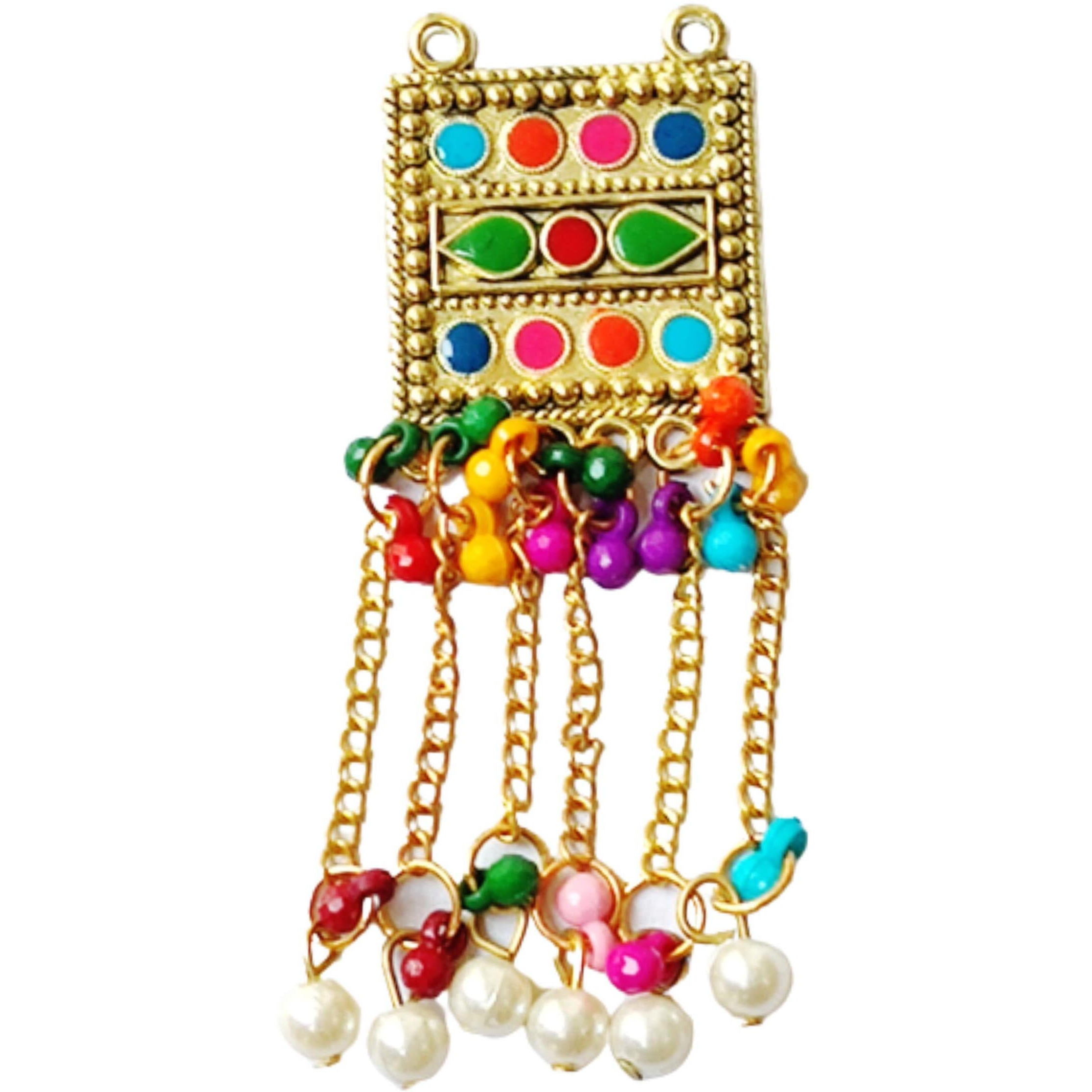 Paushak Boutique Antique Golden Rectangle 6 Multicolour Moti Hanging Button (Set Of 1)