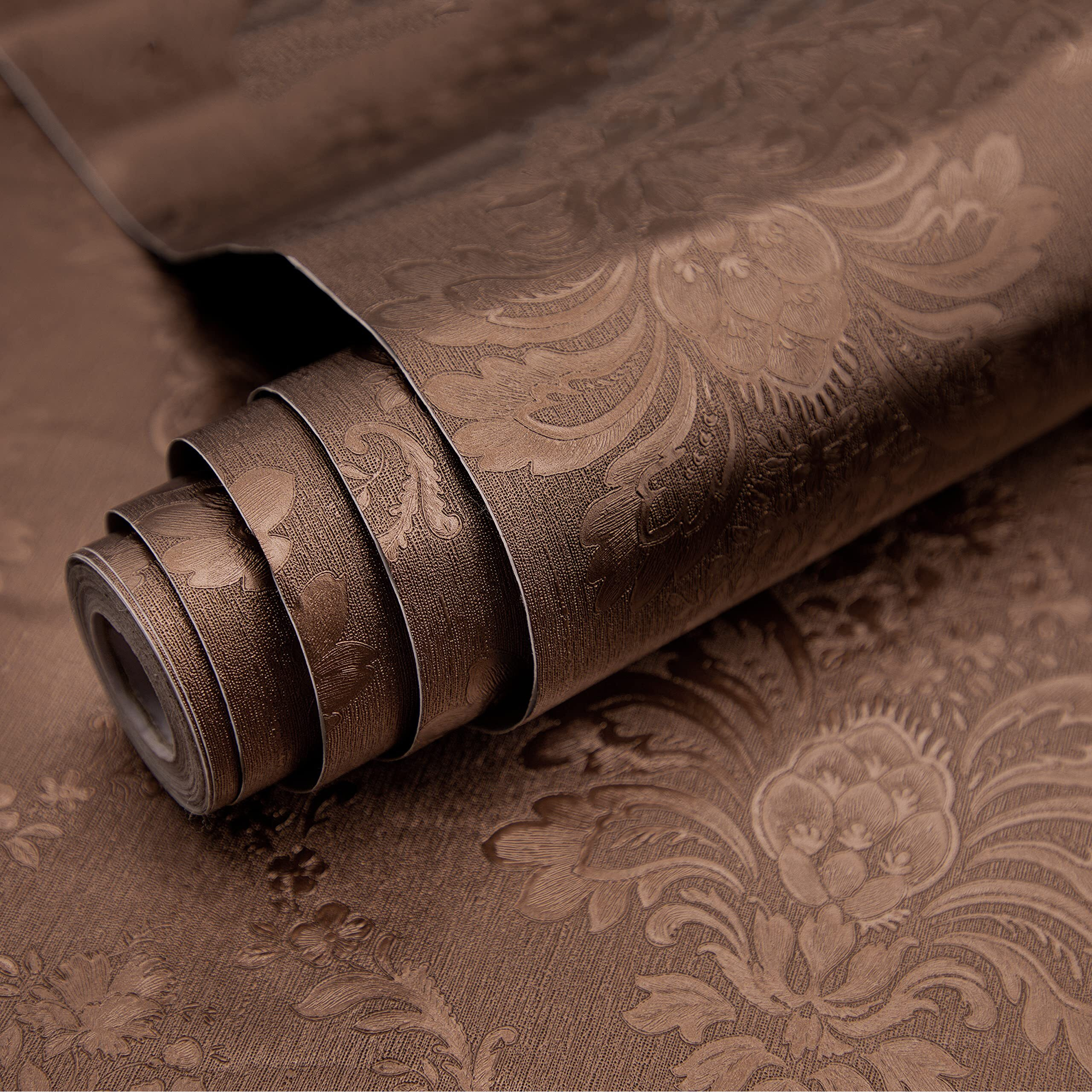 Wolpin Wall Stickers Diy Damask Wallpaper (45 X 300 Cm) Self Adhesive Living Room Decals Home Interior Decoration, Brown