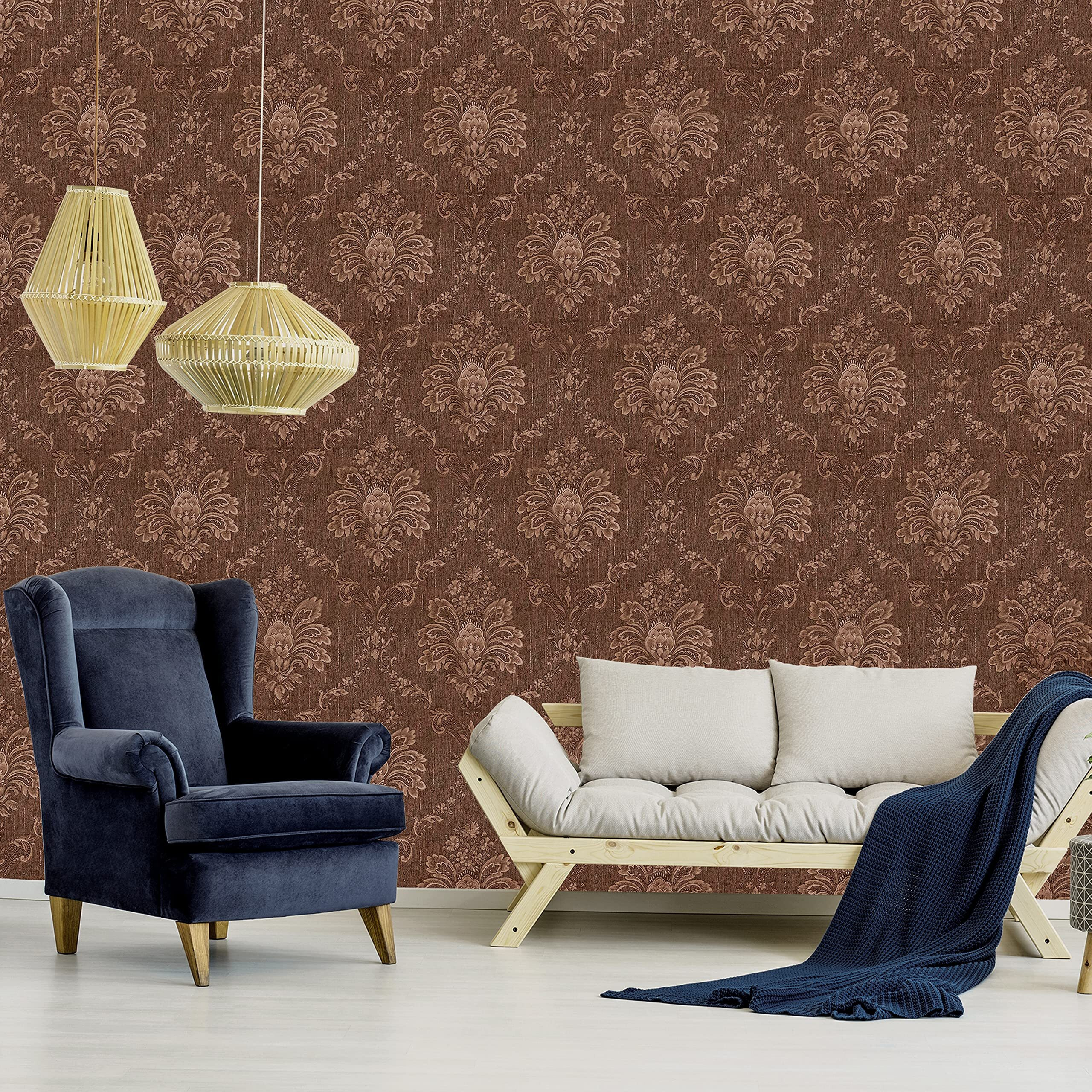Wolpin Wall Stickers Diy Damask Wallpaper (45 X 300 Cm) Self Adhesive Living Room Decals Home Interior Decoration, Brown