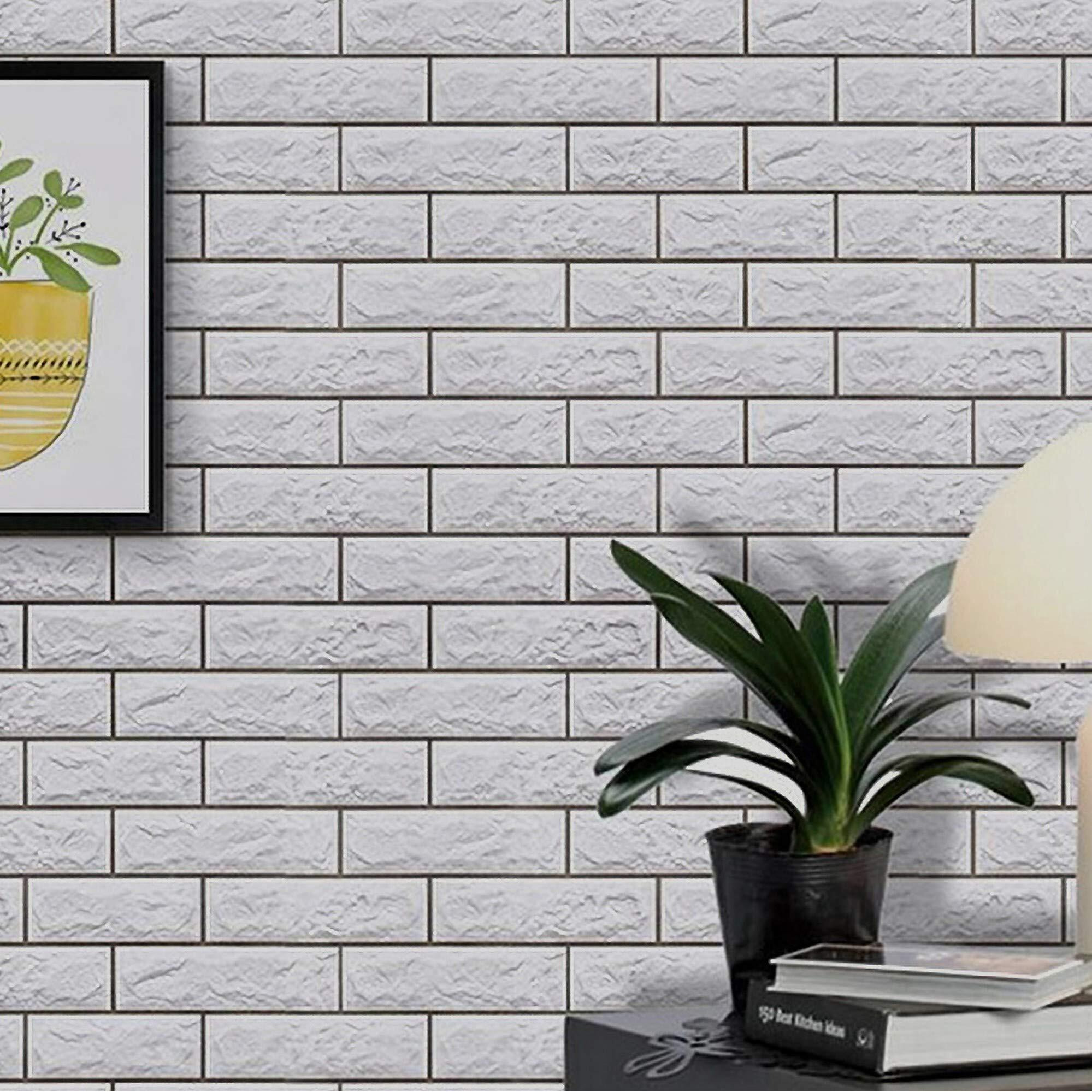 Wolpin Wall Stickers Diy Wallpaper Decal (45 X 300 Cm) 3D Brick Self Adhesive Office Decorative Pvc Vinyl Pastel White Decorative Wallpaper