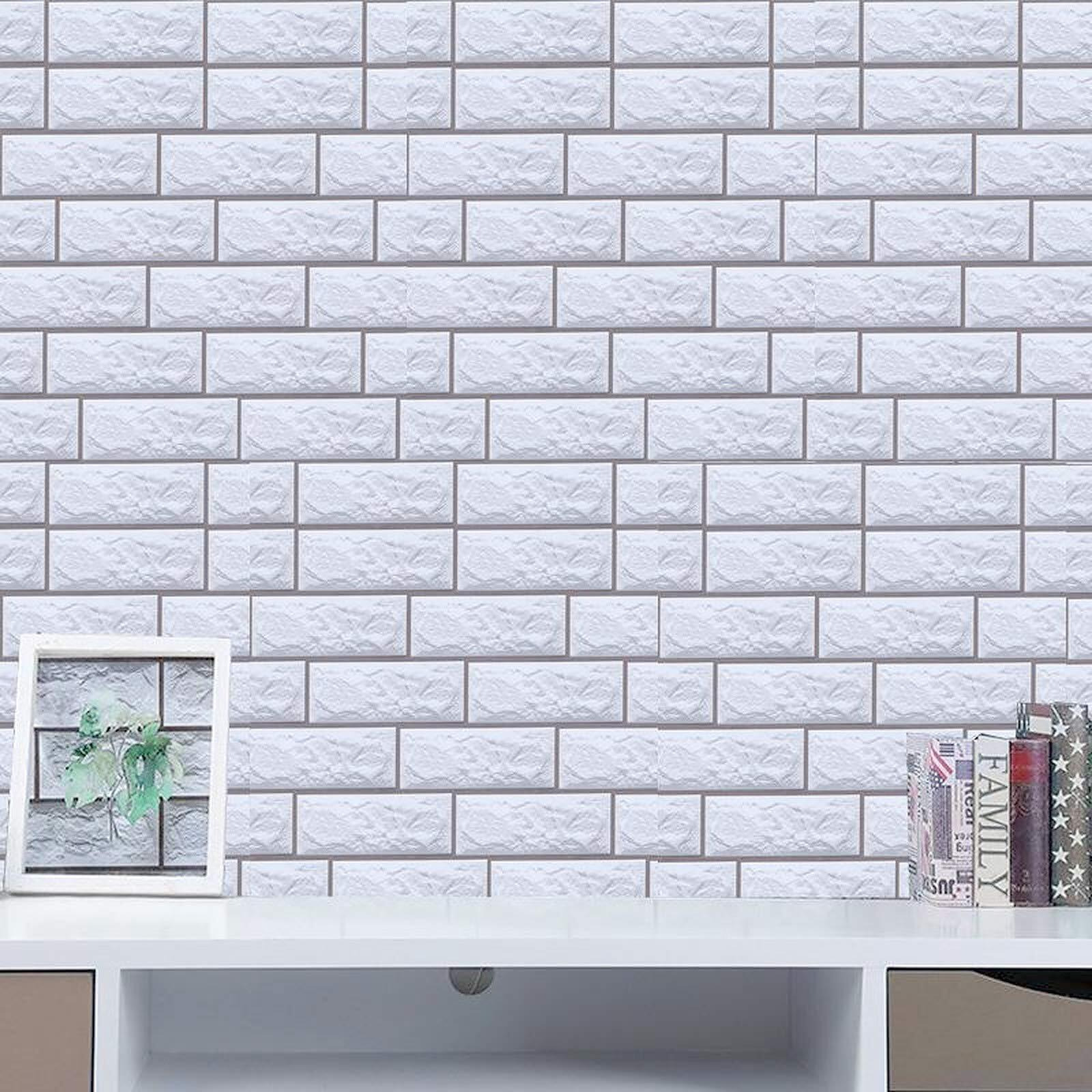 Wolpin Wall Stickers Diy Wallpaper Decal (45 X 300 Cm) 3D Brick Self Adhesive Office Decorative Pvc Vinyl Pastel White Decorative Wallpaper