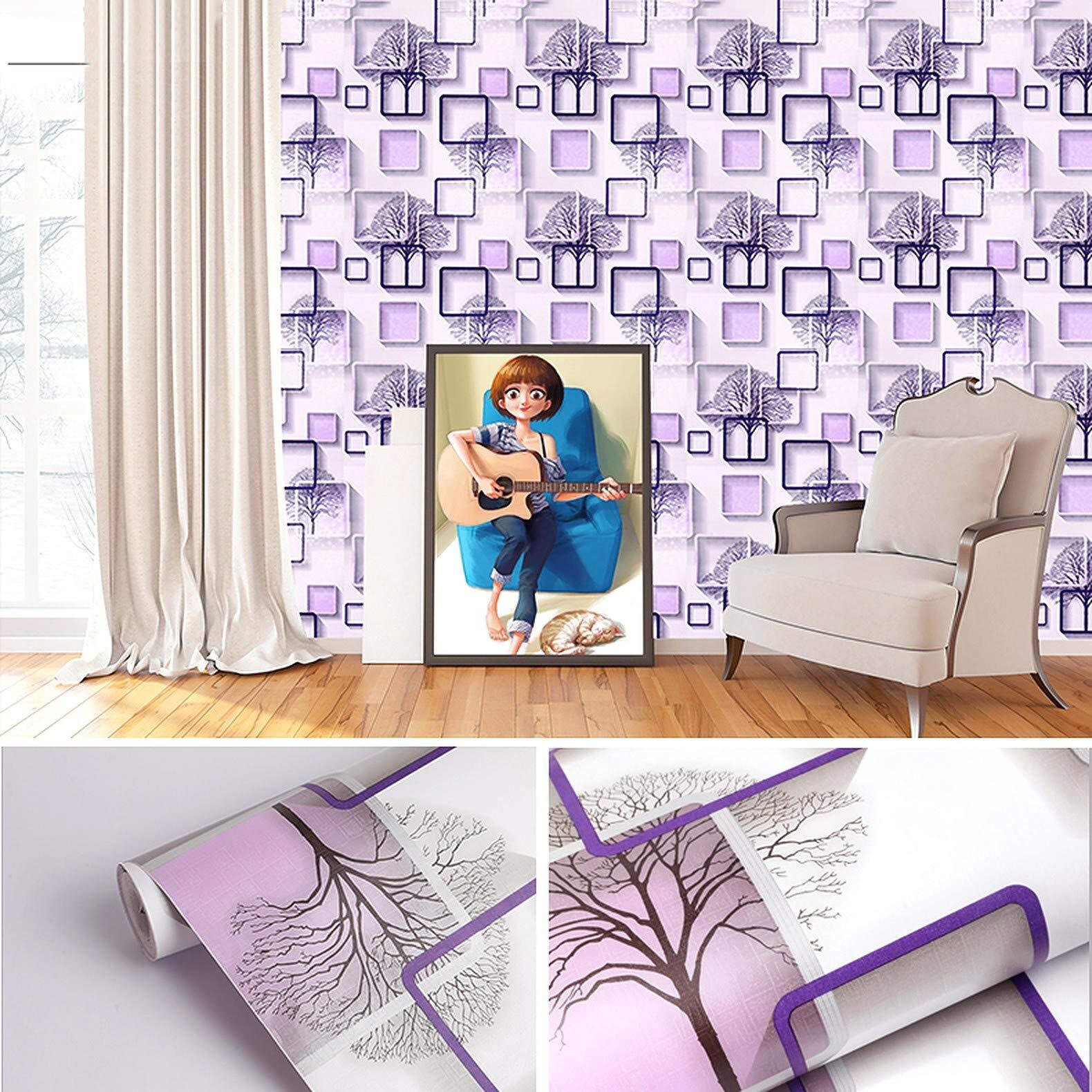 Wolpin Wall Stickers Diy Wallpaper (45 X 500 Cm) 3D Frames And Trees Self Adhesive Decals Living Room Home Interior Decoration, Peppy Purple