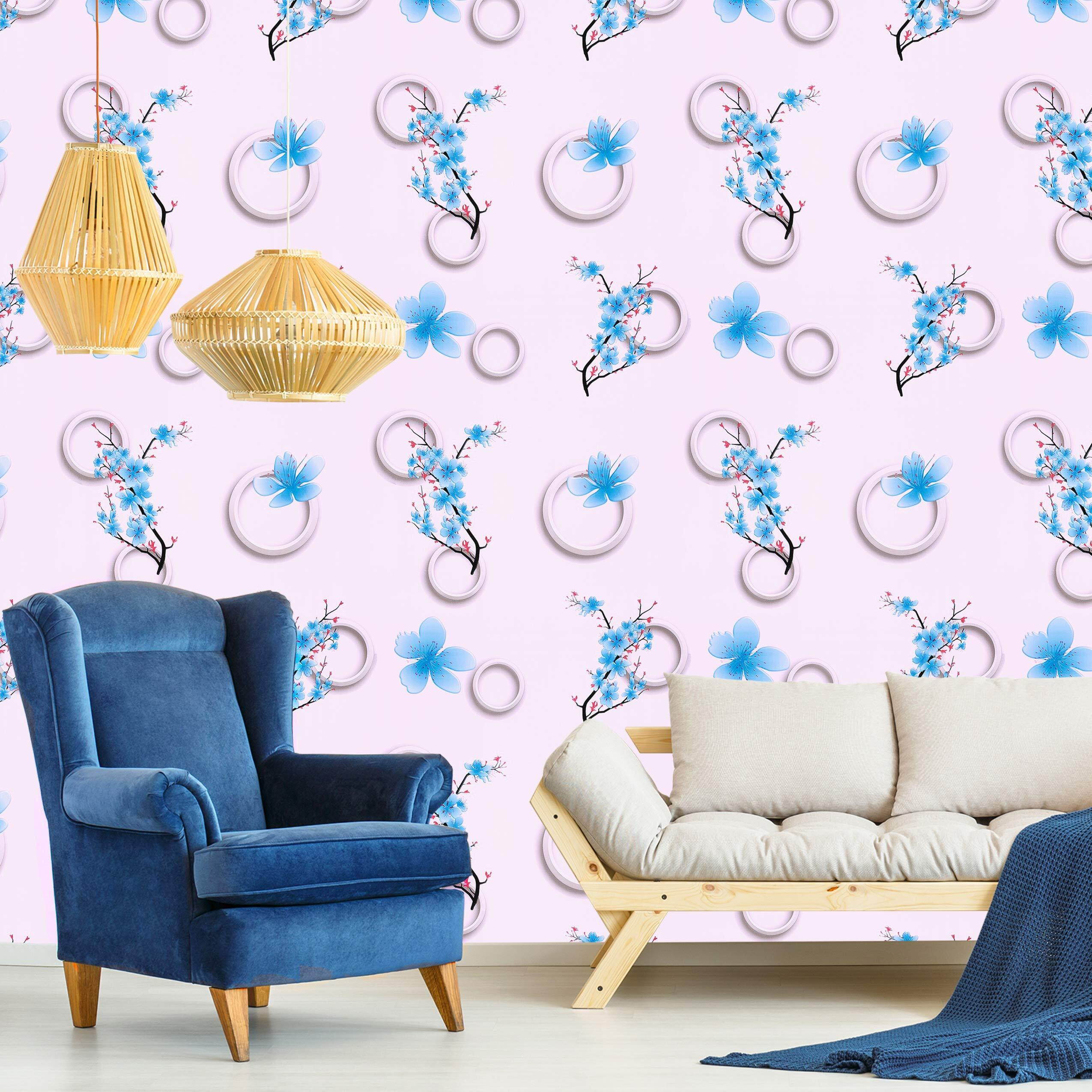 Wolpin Wall Stickers Diy Wallpaper (45 X 500 Cm) Flowers And 3D Circles Self Adhesive Decals For Hall, Girls Room Pvc Vinyl, Blue