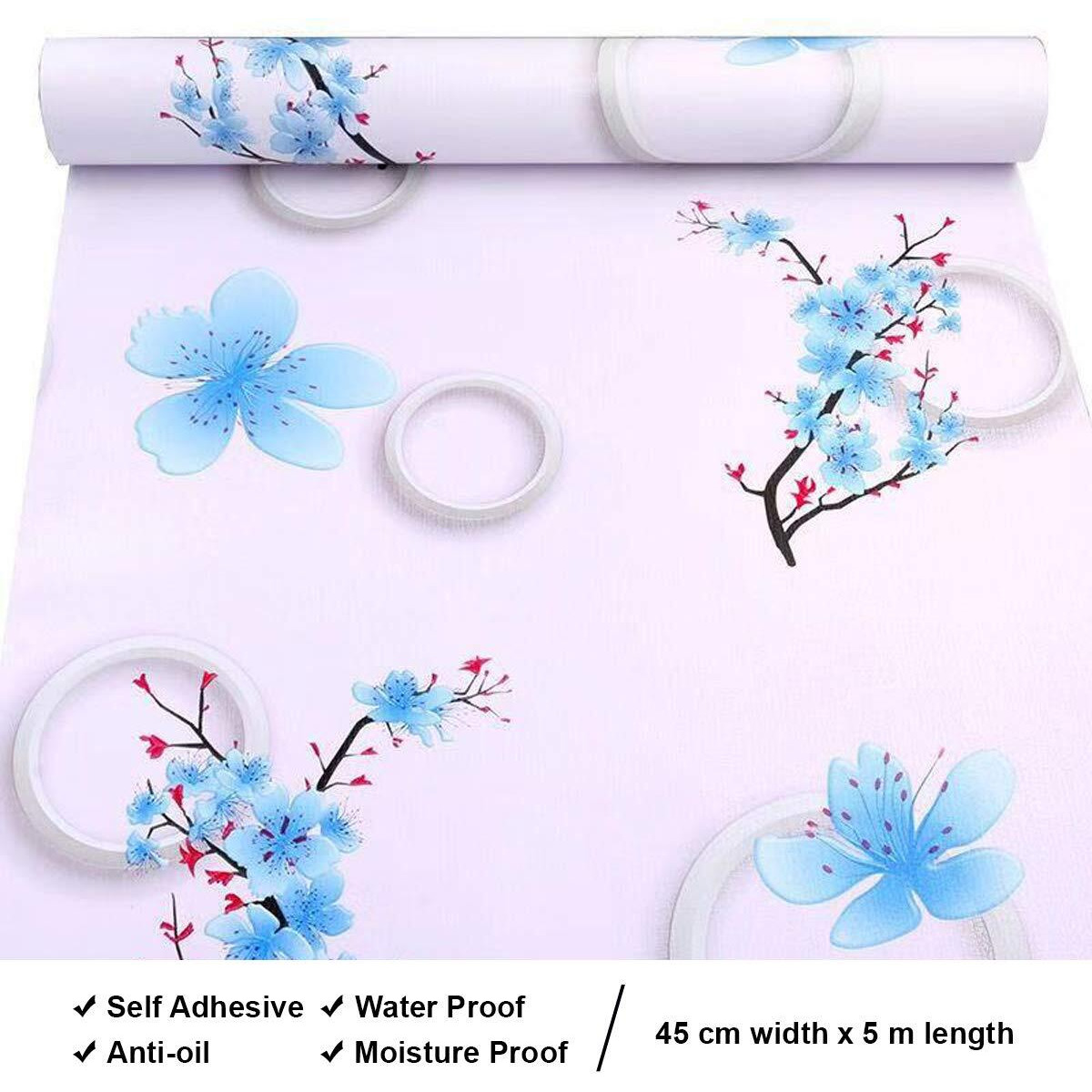 Wolpin Wall Stickers Diy Wallpaper (45 X 500 Cm) Flowers And 3D Circles Self Adhesive Decals For Hall, Girls Room Pvc Vinyl, Blue