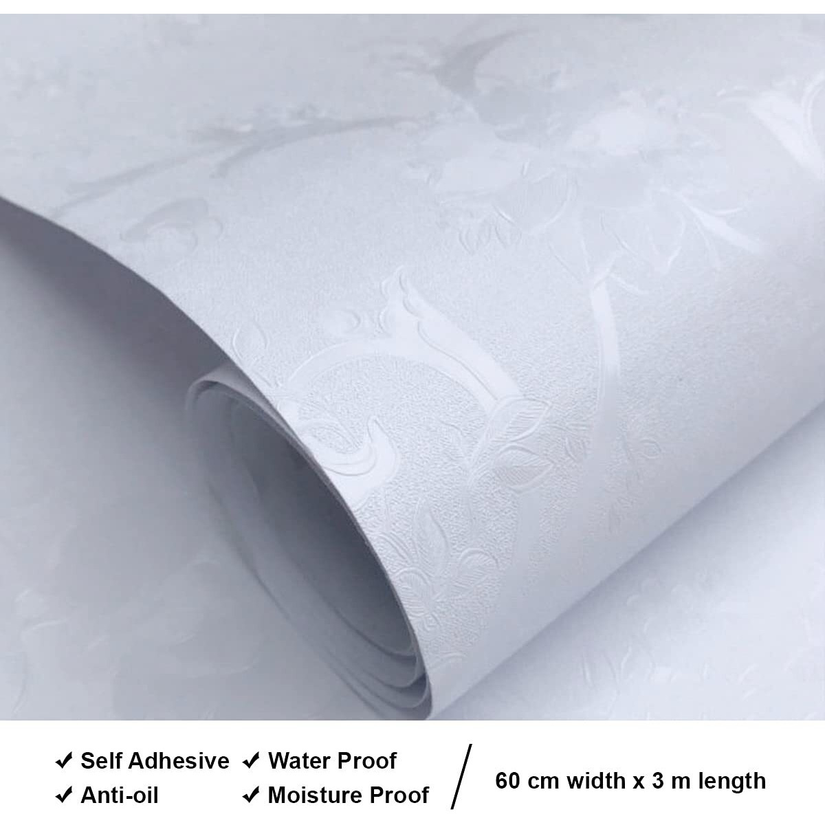 Wolpin Wall Sticker Wallpaper (60 X 300 Cm) Embossed European Home Decor Vines, White