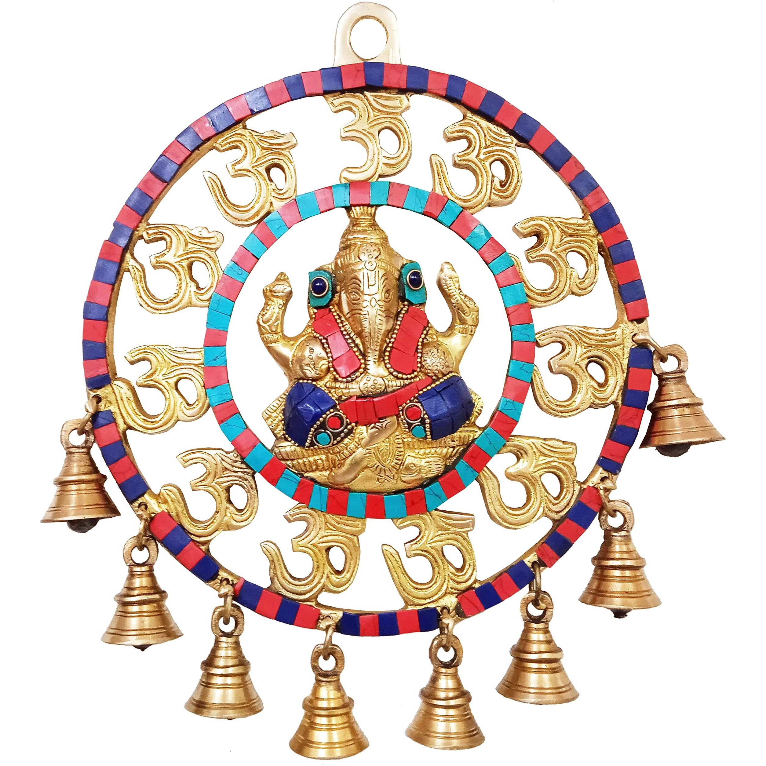 Purpledip Ganesha Om Wall Hanging Pure Brass With Spectacular Gemstones And Bells (10945)