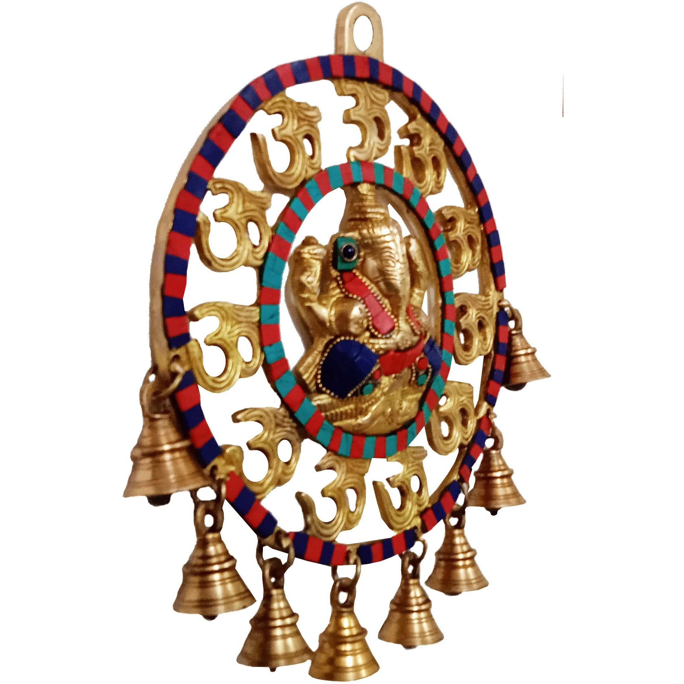 Purpledip Ganesha Om Wall Hanging Pure Brass With Spectacular Gemstones And Bells (10945)