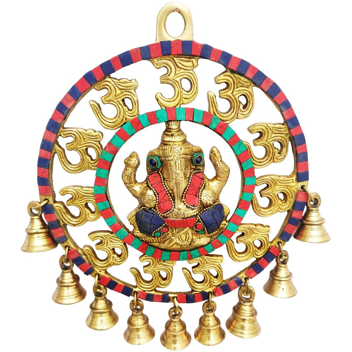 Purpledip Ganesha Om Wall Hanging Pure Brass With Spectacular Gemstones And Bells (10945)
