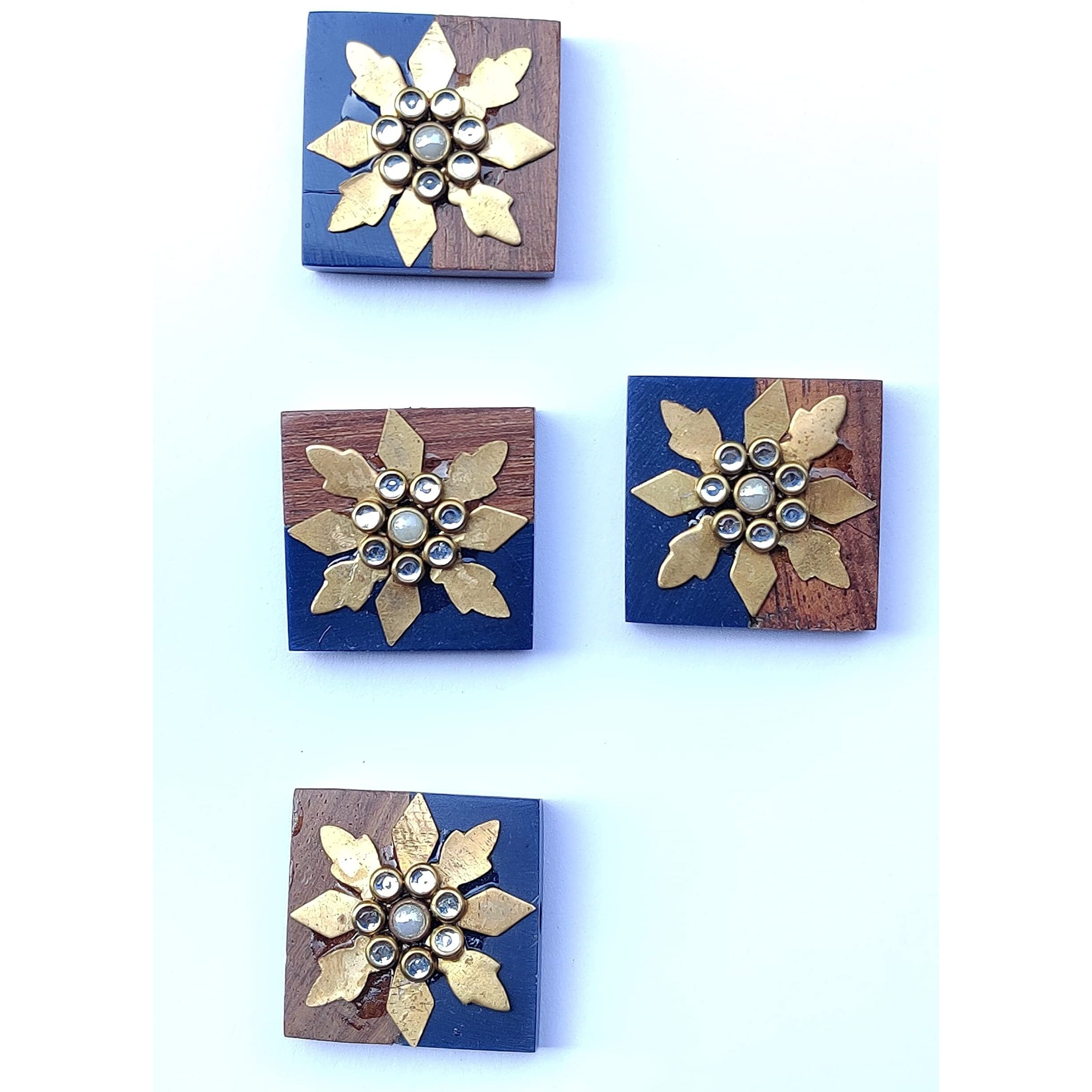 Paushak Boutique Classy Wooden & Blue Combination Golden Embroidery Button (Piece Of 4)