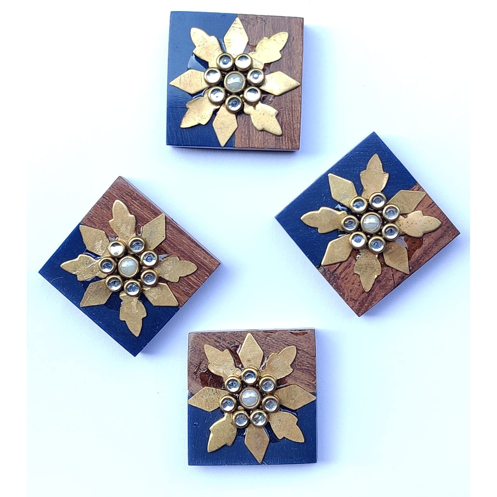 Paushak Boutique Classy Wooden & Blue Combination Golden Embroidery Button (Piece Of 4)