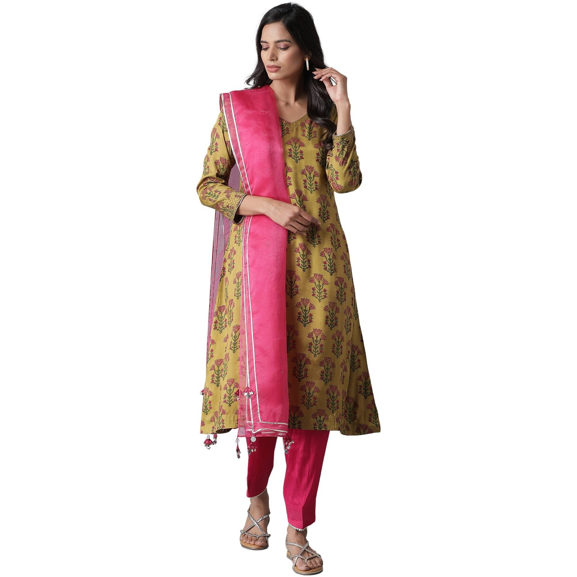 Folksong By W Bright Pink Organza Drape With Mukaish Embroidery And Gota Tapes