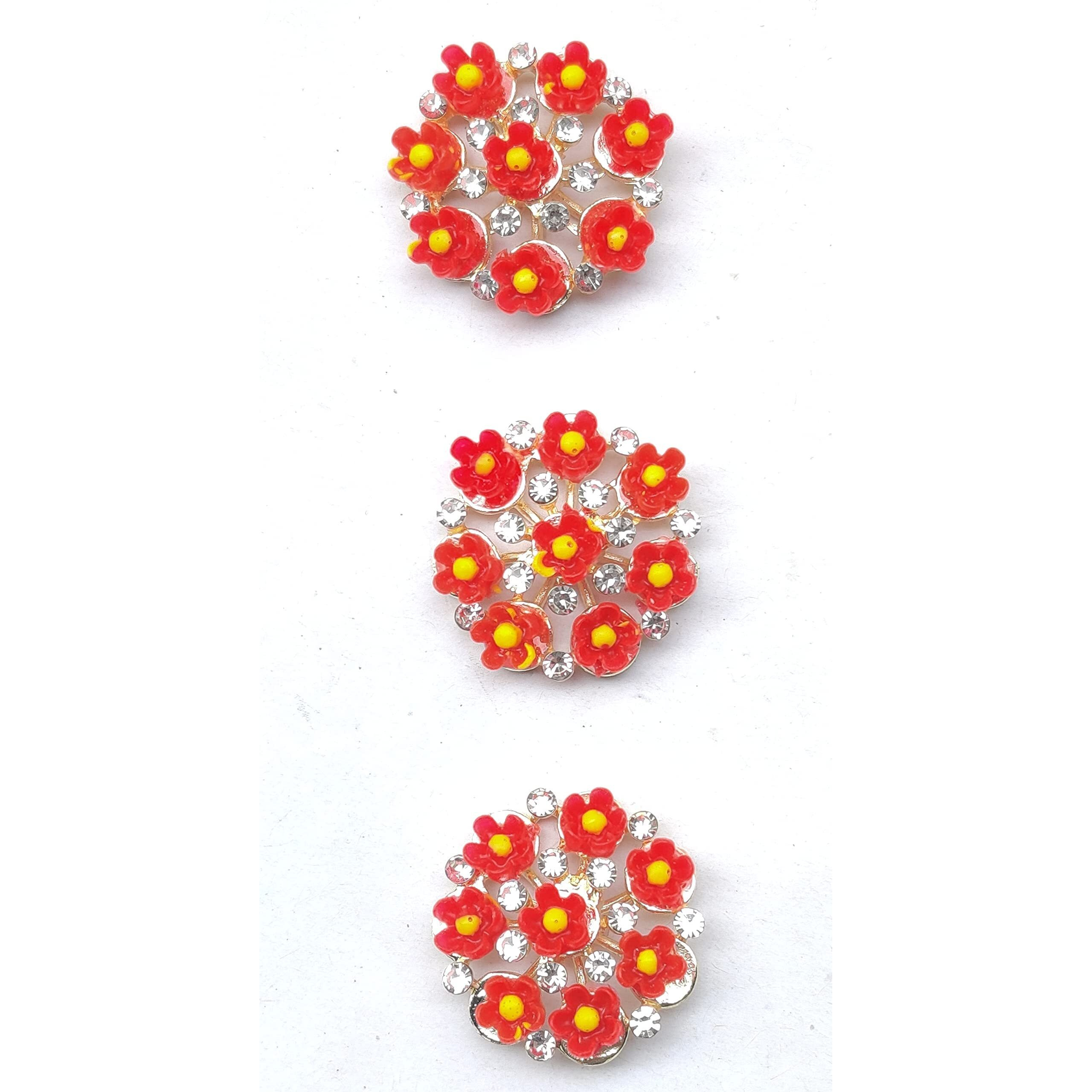 Paushak Boutique Classy Red Flower Silver Stone Button (Piece Of 3)