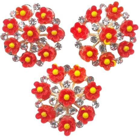 Paushak Boutique Classy Red Flower Silver Stone Button (Piece Of 3)