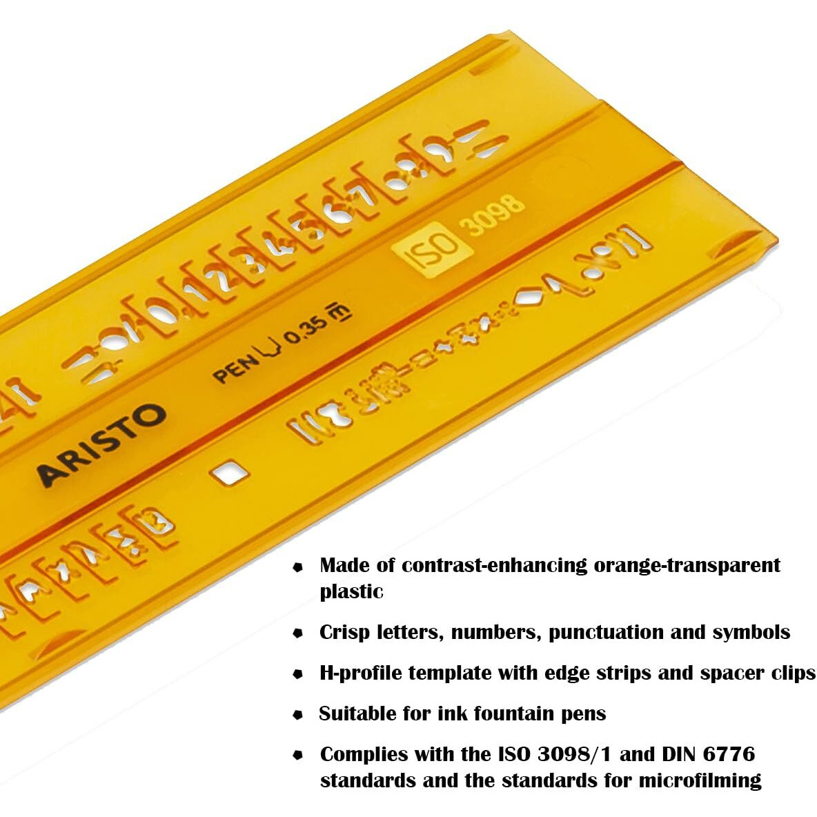 Aristo Lettering Stencil Straight 3.5Mm H-Profil Suitable For Fountain Pens Crisp Letters, Numbers, Punctuations & Symbols Orange Transparent Plastic