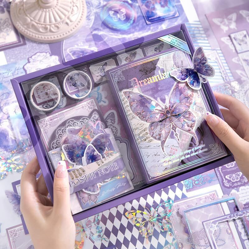 Gdnk 346Pcs Vintage Journal Scrapbook Pack Kit For Art Journaling Bullet, Planners Diy Paper Stickers, Craft Kits Notebook, Collage Album Aesthetic Sticker (Moonlight) (Purple Butterfly)