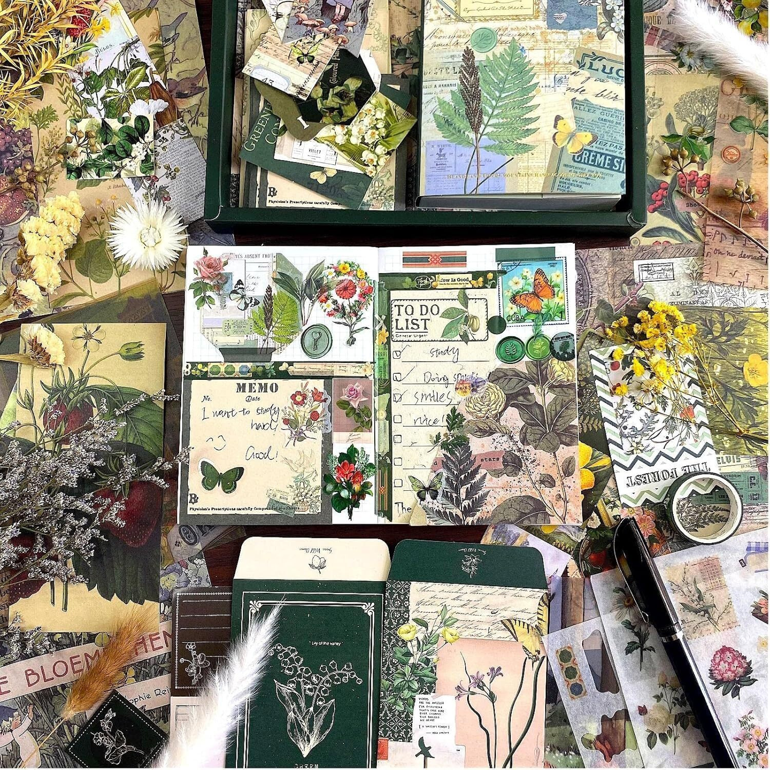 Gdnk 346Pcs Vintage Journal Scrapbook Pack Kit For Art Journaling Bullet, Planners Diy Paper Stickers, Craft Kits Notebook, Collage Album Aesthetic Sticker (Moonlight) (Green)