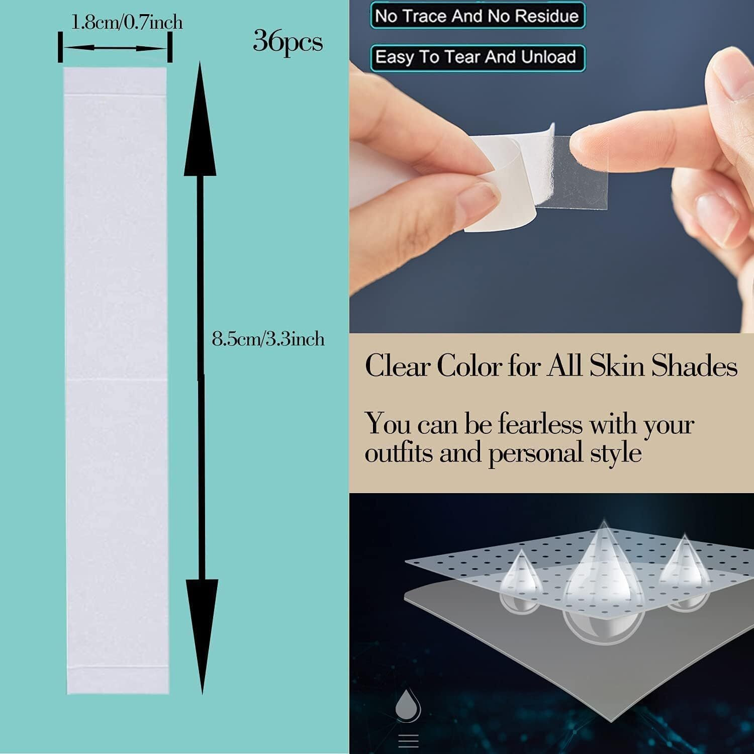 Kitssential Womens Clear Double Sided Fashion Beauty Tape For Clothing And Body - 36 Strips - Fashion Dressing Tape/Invisible Double-Sided Body Tape (Fabric And Skin Friendly) | Transparent