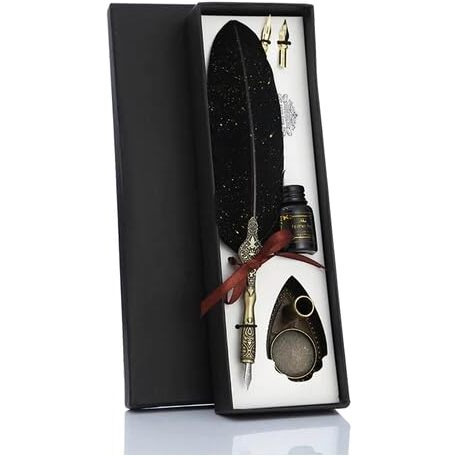 Mforall Feather Pen Set With Ink Bottle And Pen Stand, Antique Calligraphy Writing Quill Dip Pen, 2 Replacement Nibs, Unique Vintage Luxury Pen Gift Sets (Black)