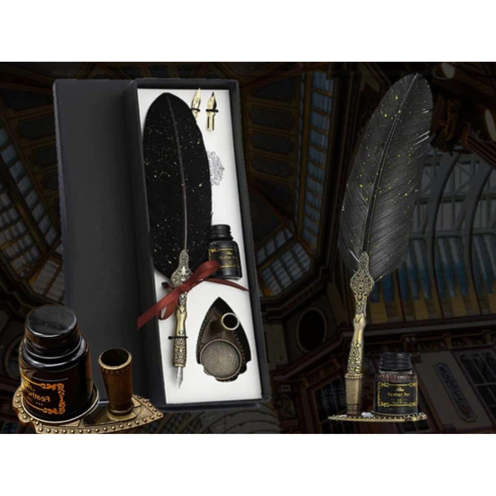 Mforall Feather Pen Set With Ink Bottle And Pen Stand, Antique Calligraphy Writing Quill Dip Pen, 2 Replacement Nibs, Unique Vintage Luxury Pen Gift Sets (Black)