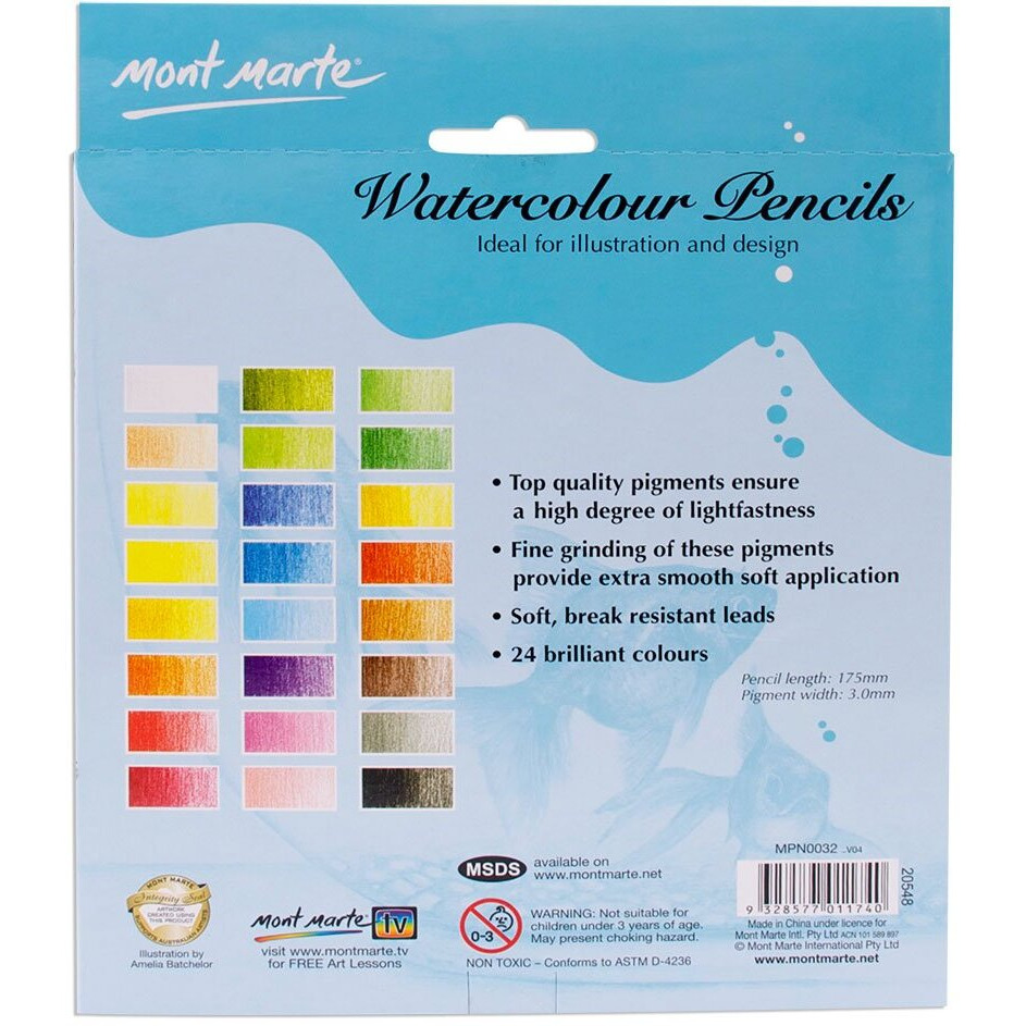 Mont Marte Watercolor Pencils, 24 Piece. Fade Resistant Watercolor Set Ideal For Illustration And Design.