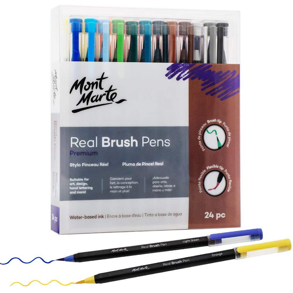 Mont Marte Premium Watercolor Real Brush Pens, 24Pc Artist Coloring Set, Super Flexible Brush Tip, Perfect For Creating A Range Of Strokes, Ideal For Art, Design, Lettering And Coloring