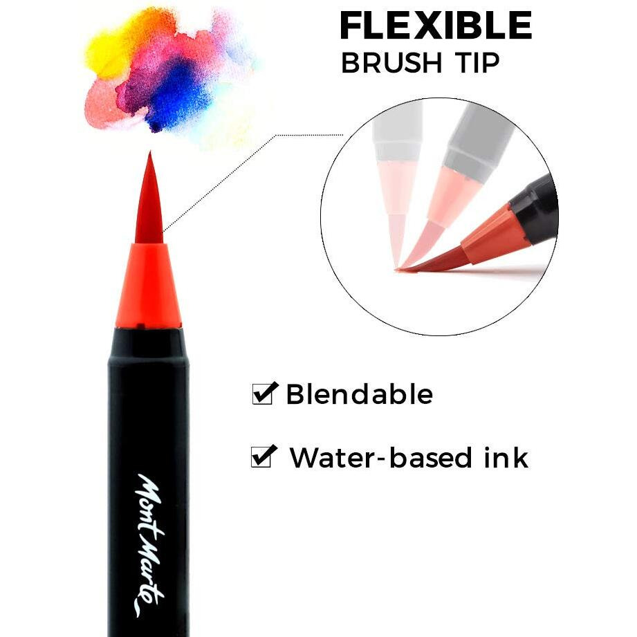 Mont Marte Premium Watercolor Real Brush Pens, 24Pc Artist Coloring Set, Super Flexible Brush Tip, Perfect For Creating A Range Of Strokes, Ideal For Art, Design, Lettering And Coloring
