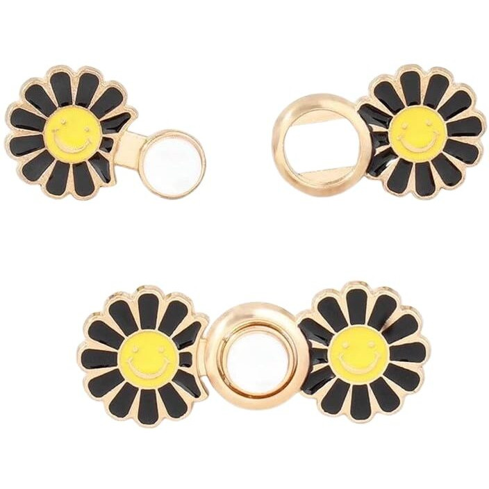 Semito Set Of 2 Pant Waist Tightener, Adjustable Waist Buckle Set, Extra Button For Jeans To Make Tighter, Instant Jeans Button Pins For Pants Jeans Skirts, No Sewing Required (Black Flower Gold)
