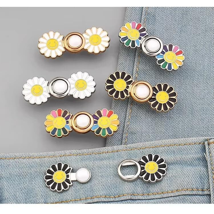 Semito Set Of 2 Pant Waist Tightener, Adjustable Waist Buckle Set, Extra Button For Jeans To Make Tighter, Instant Jeans Button Pins For Pants Jeans Skirts, No Sewing Required (Black Flower Gold)